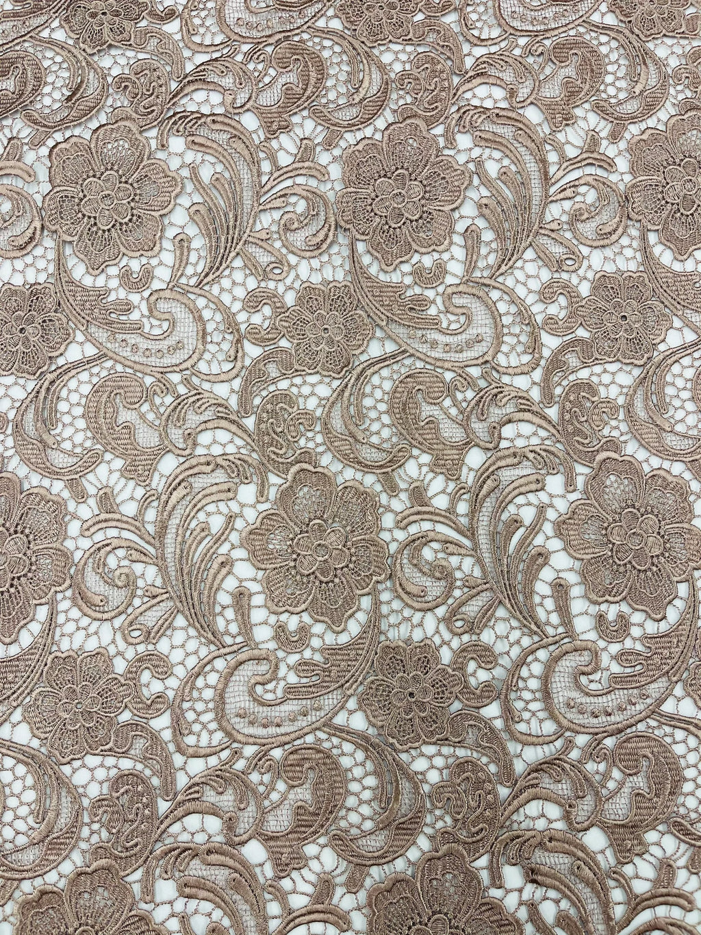 Floral Guipure Lace Fabric - COFFEE - Bridal Wedding Dress Lace a Mesh Fabric for Prom Dress. Sold By The Yard