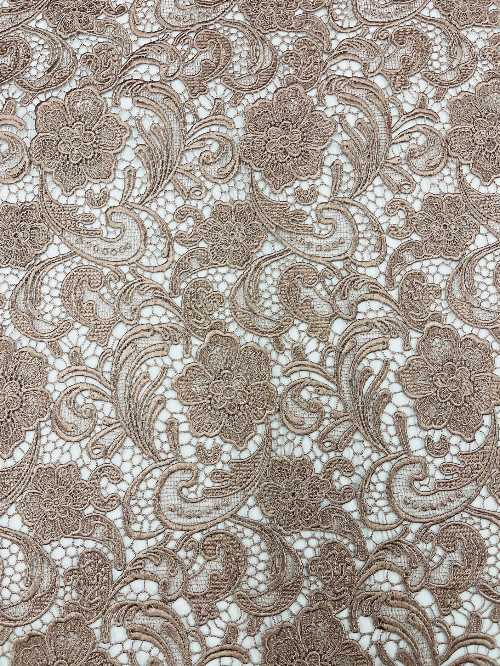 Floral Guipure Lace Fabric - COFFEE - Bridal Wedding Dress Lace a Mesh Fabric for Prom Dress. Sold By The Yard