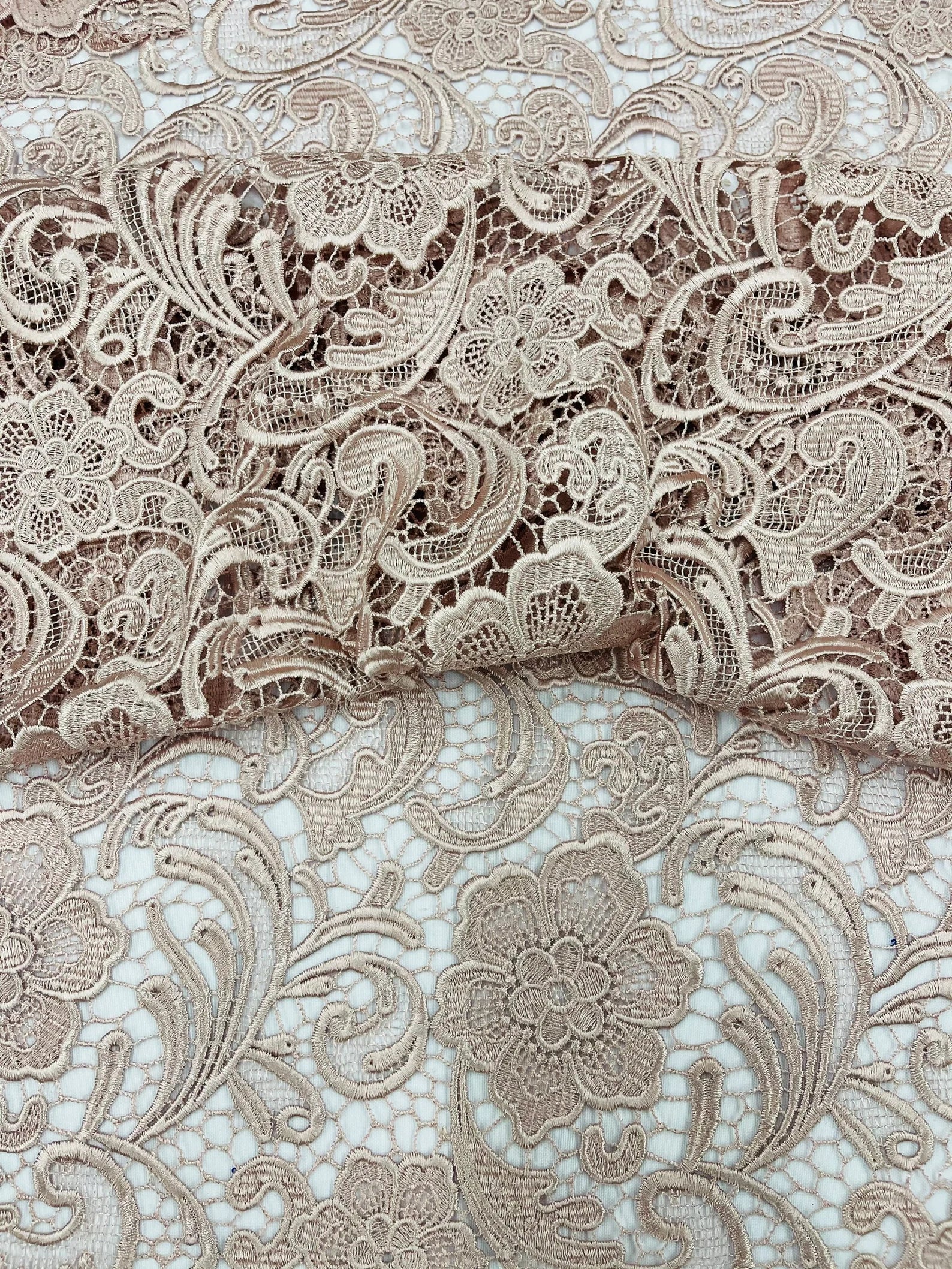 Floral Guipure Lace Fabric - BLUSH - Bridal Wedding Dress Lace a Mesh Fabric for Prom Dress. Sold By The Yard