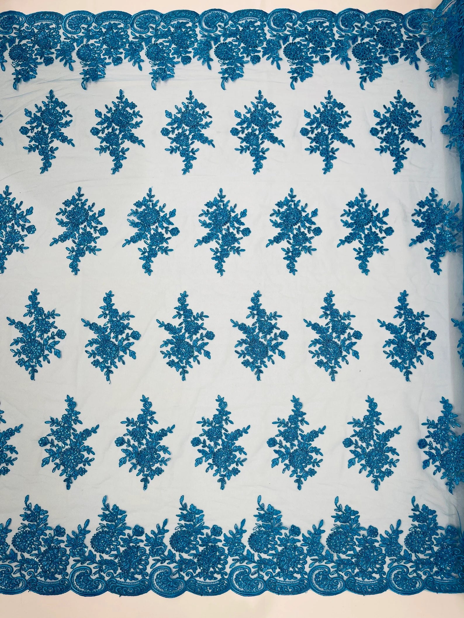 Corded Lace with Embroidery and Sequin on Mesh Fabric By The Yard. Turquoise
