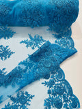 Corded Lace with Embroidery and Sequin on Mesh Fabric By The Yard. Turquoise