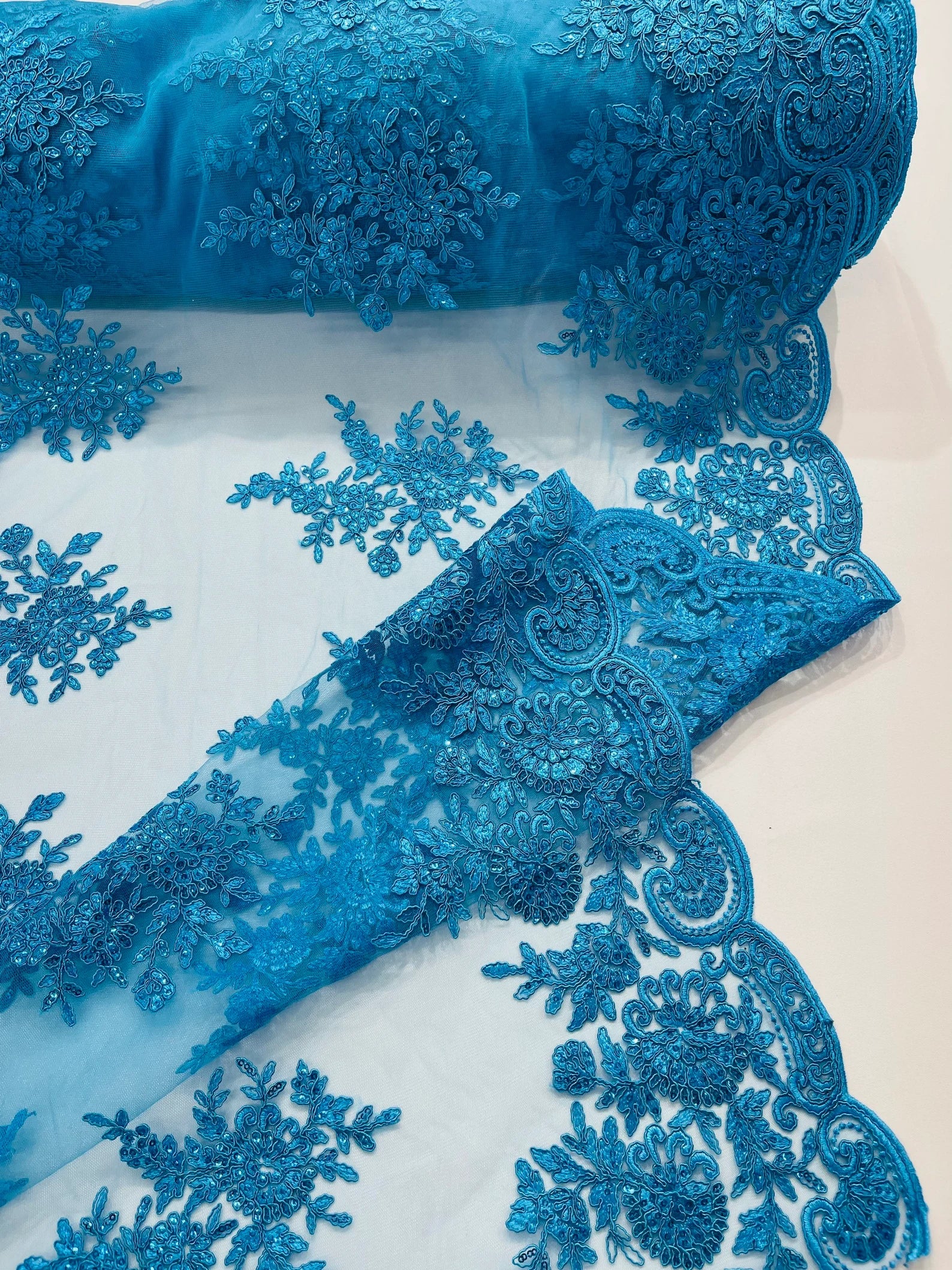 Corded Lace with Embroidery and Sequin on Mesh Fabric By The Yard. Turquoise