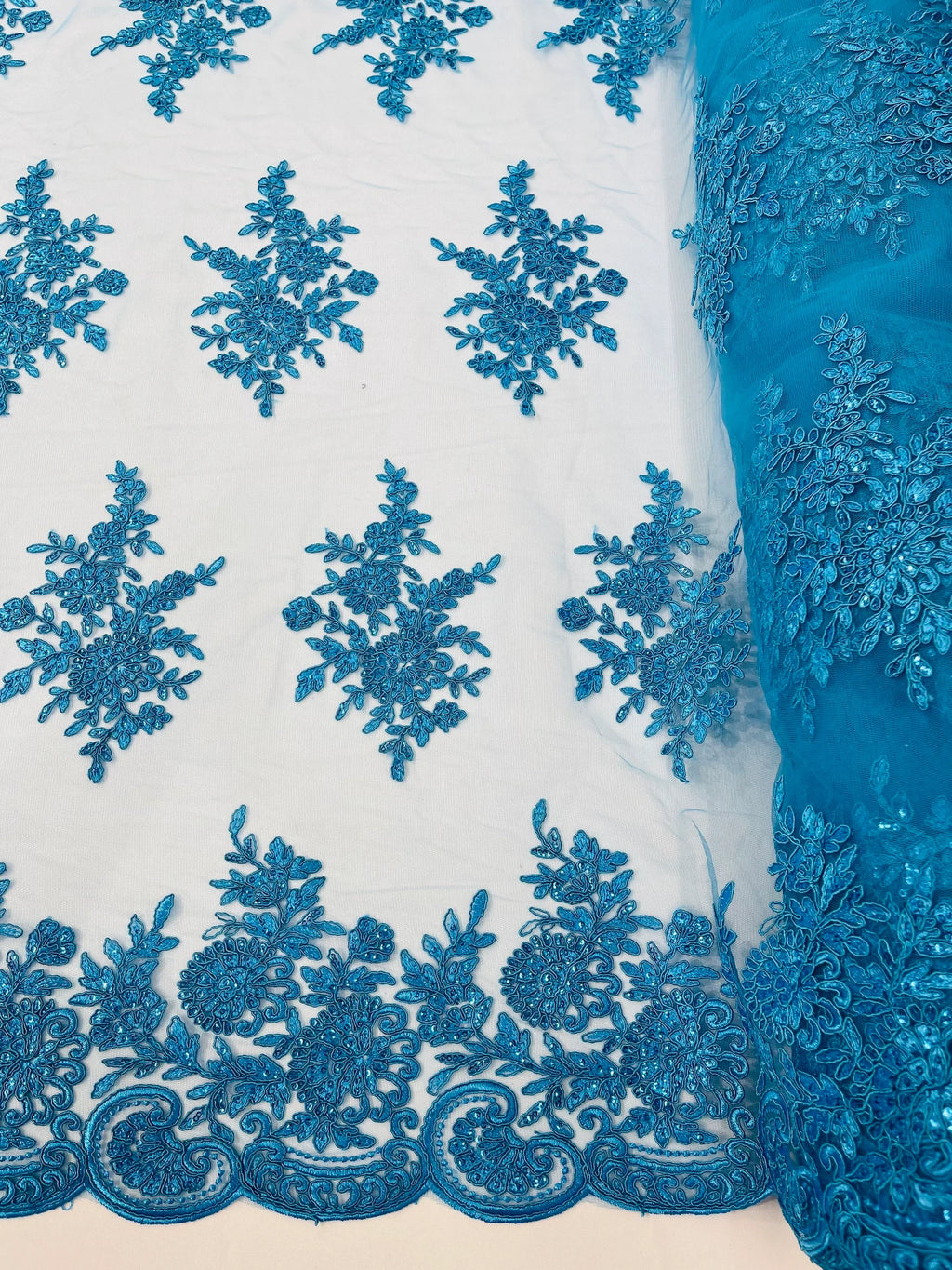 Corded Lace with Embroidery and Sequin on Mesh Fabric By The Yard. Turquoise