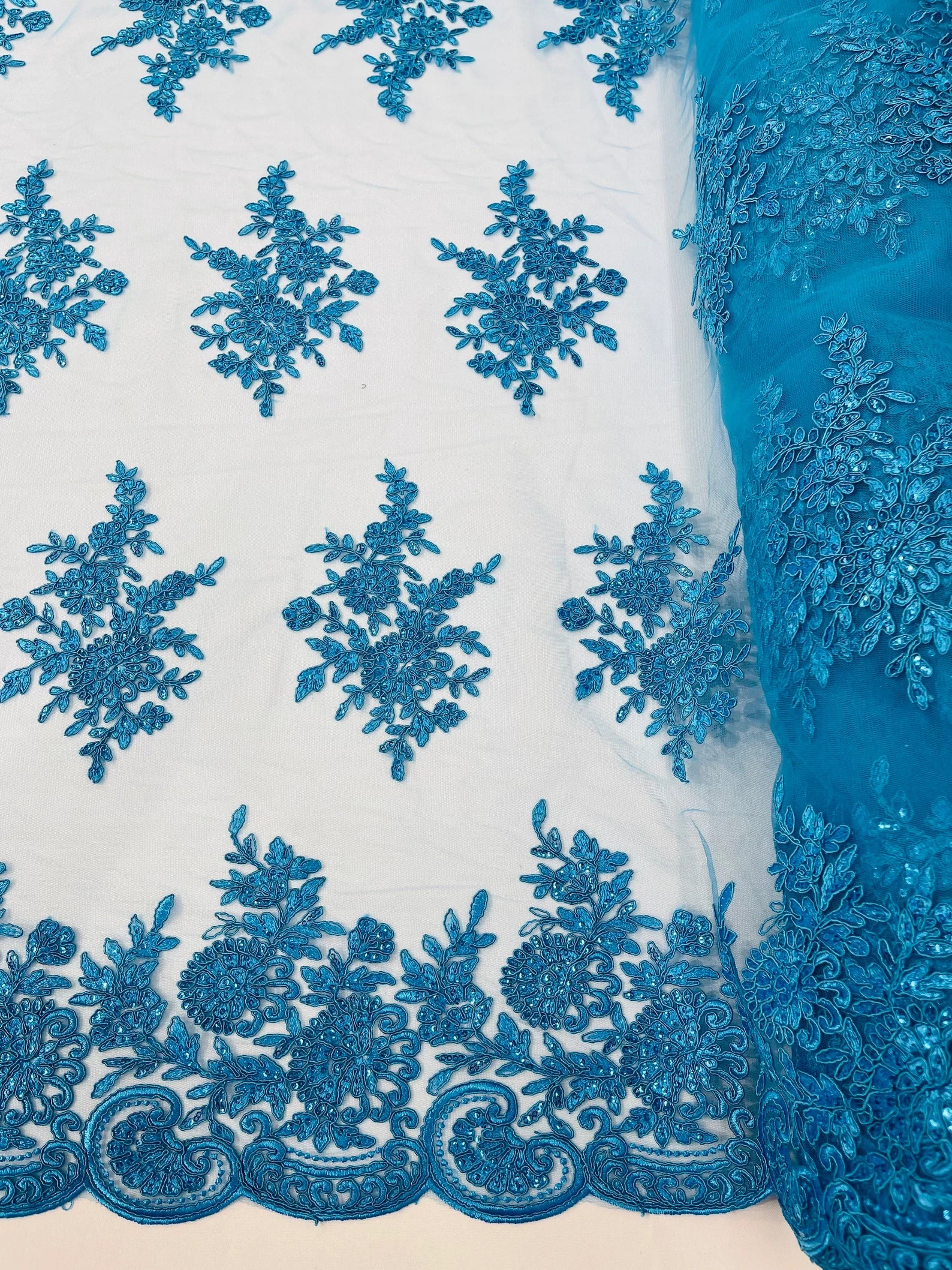 Corded Lace with Embroidery and Sequin on Mesh Fabric By The Yard. Turquoise