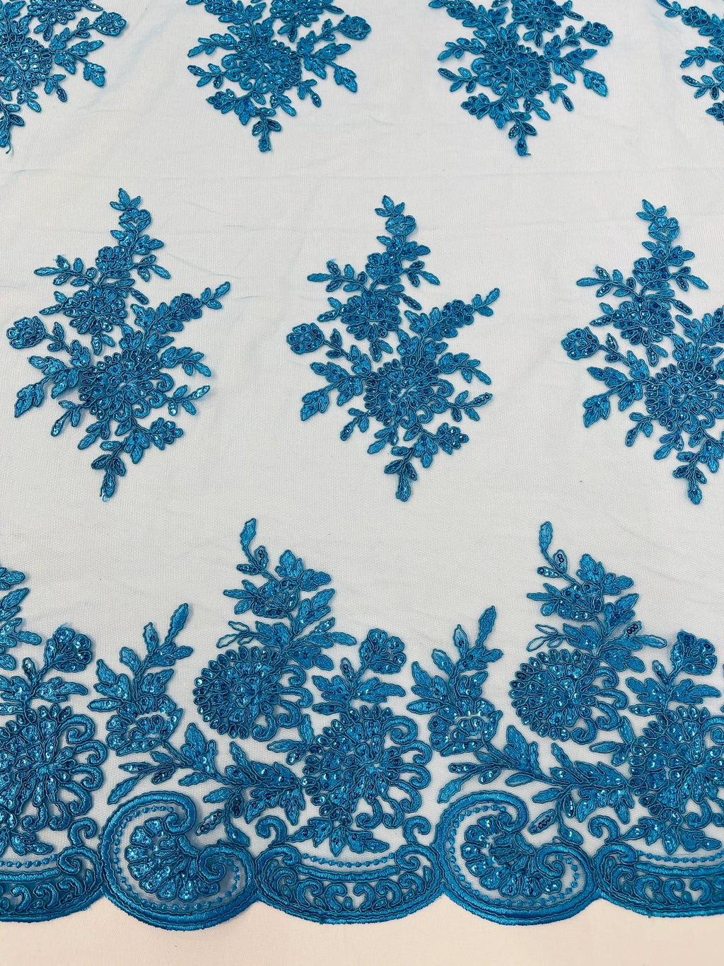 Corded Lace with Embroidery and Sequin on Mesh Fabric By The Yard. Turquoise