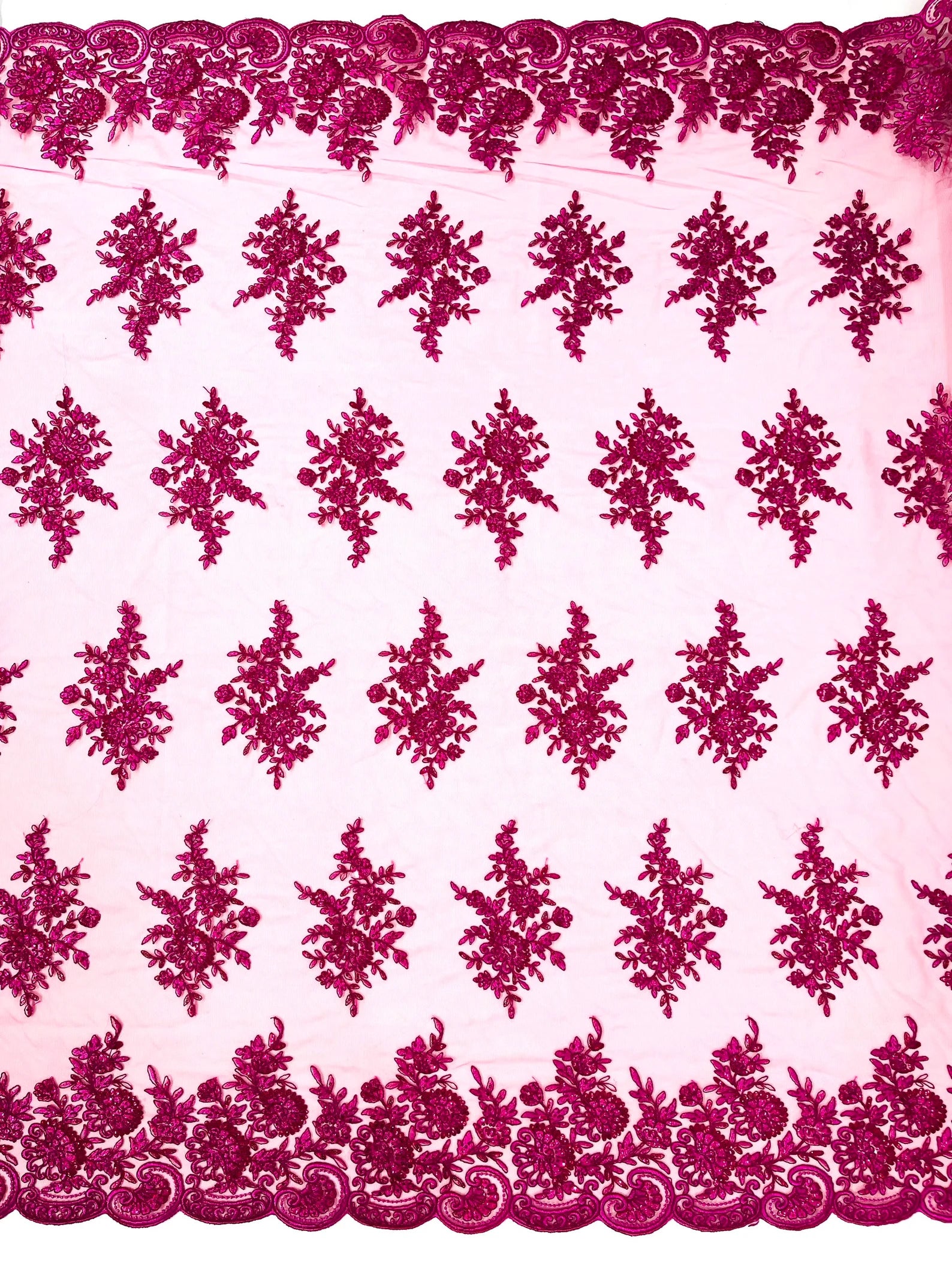 Corded Lace with Embroidery and Sequin on Mesh Fabric By The Yard. Fuchsia