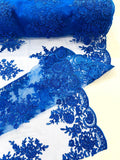 Corded Lace with Embroidery and Sequin on Mesh Fabric By The Yard. Royal Blue