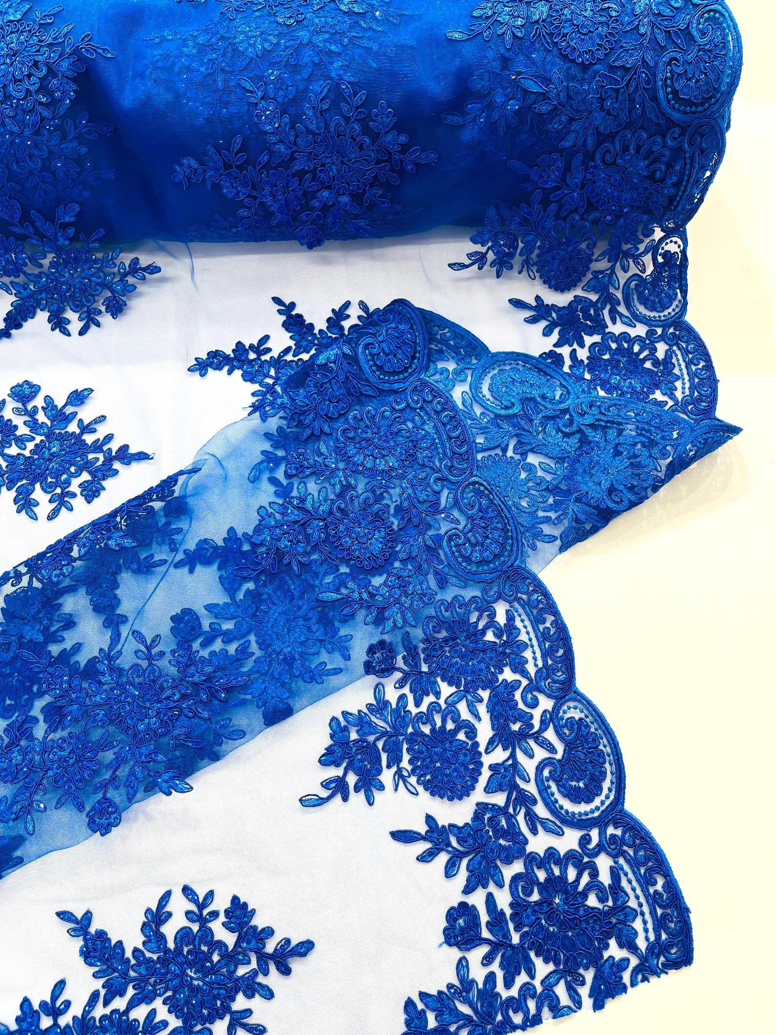 Corded Lace with Embroidery and Sequin on Mesh Fabric By The Yard. Royal Blue