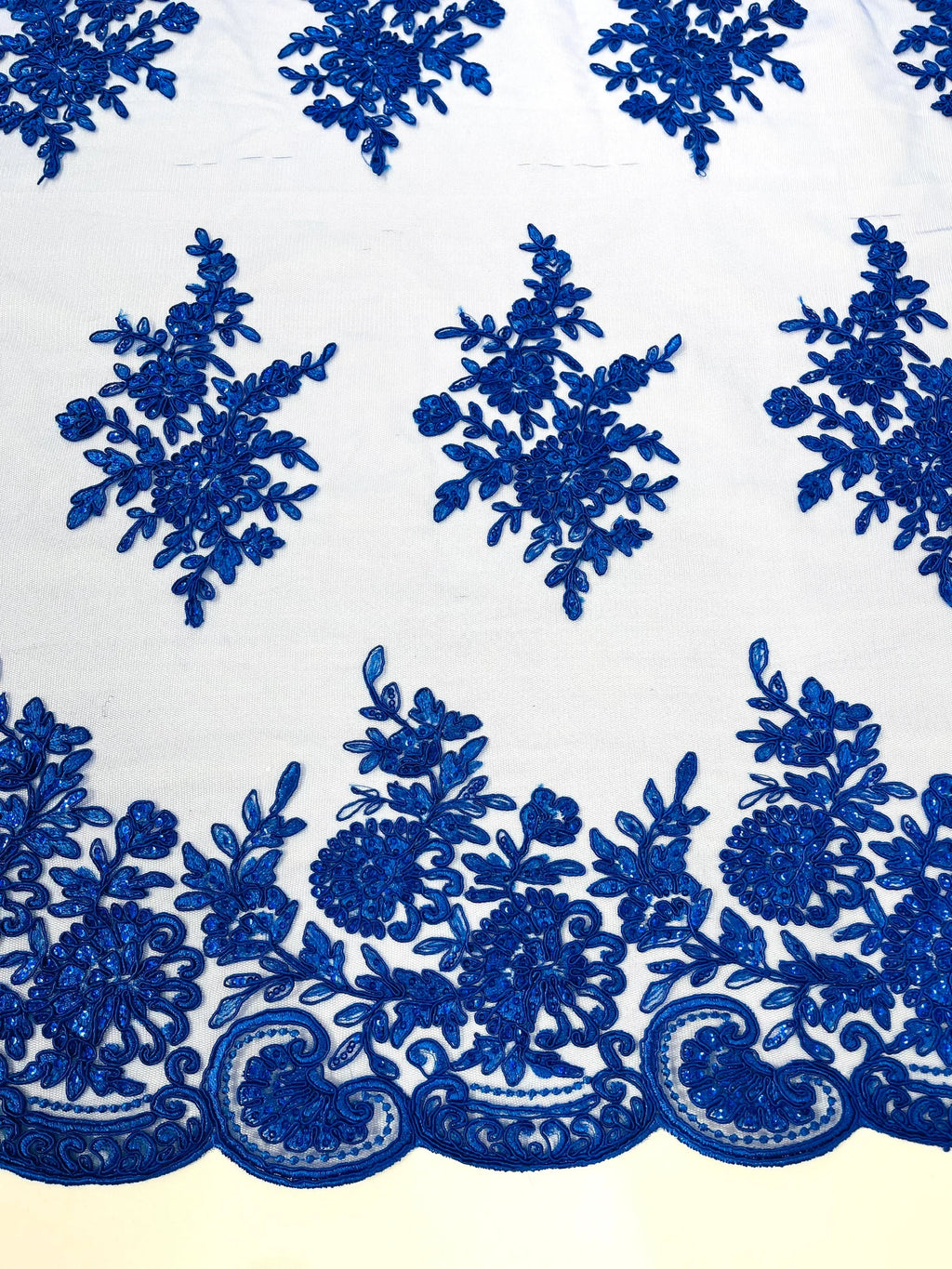 Corded Lace with Embroidery and Sequin on Mesh Fabric By The Yard. Royal Blue