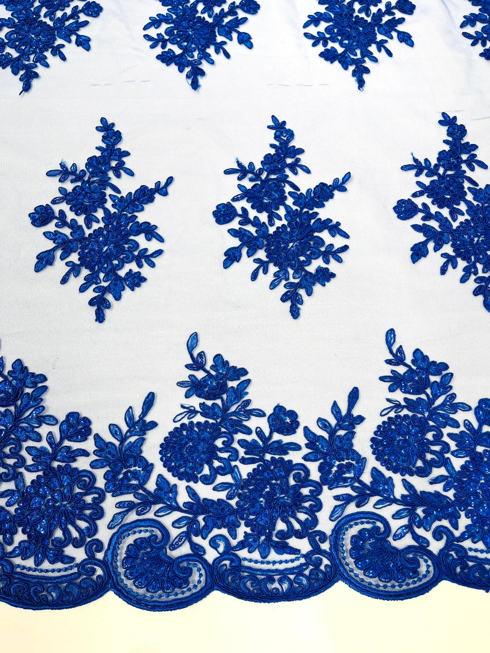 Corded Lace with Embroidery and Sequin on Mesh Fabric By The Yard. Royal Blue