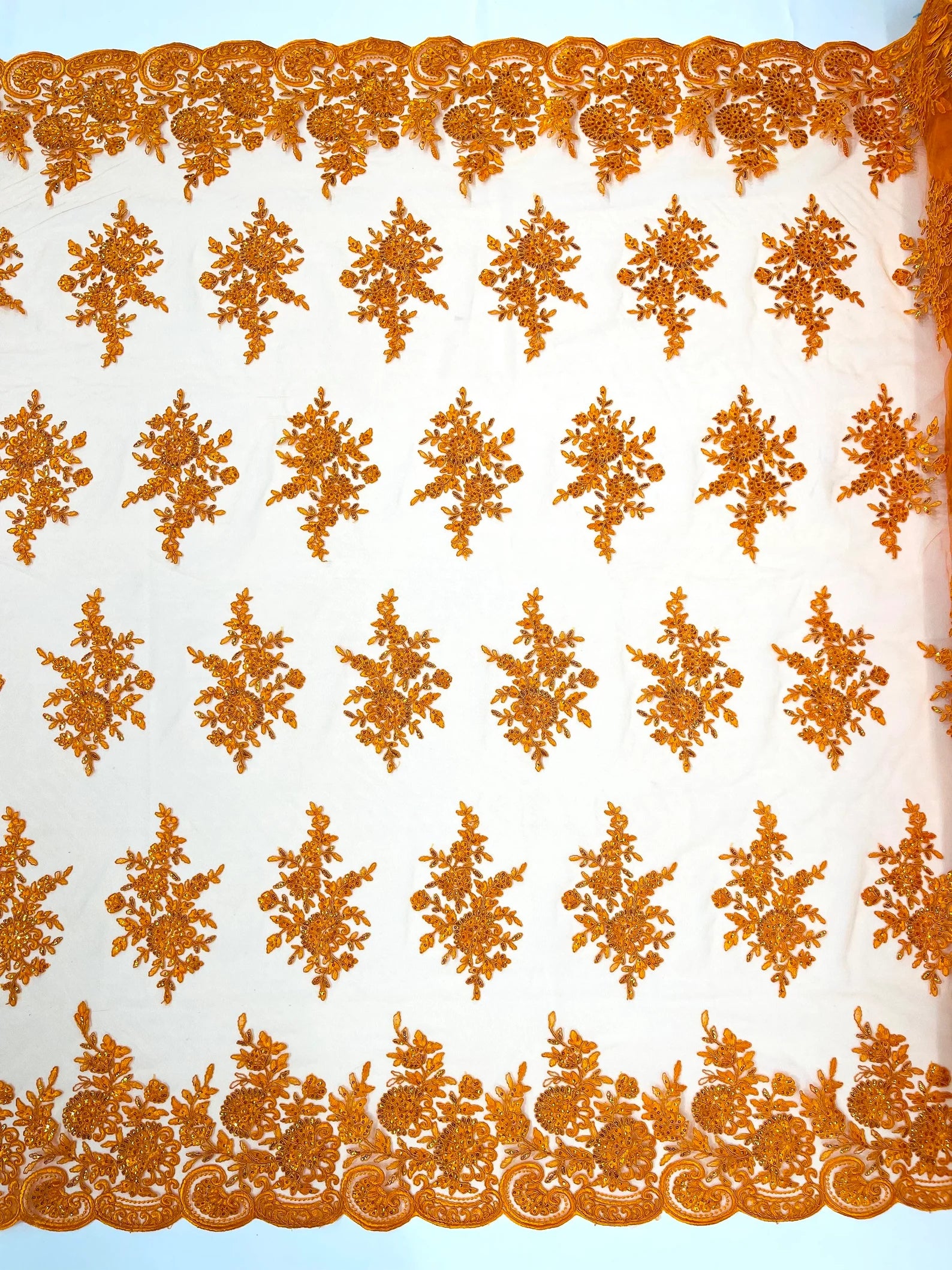 Corded Lace with Embroidery and Sequin on Mesh Fabric By The Yard. Orange