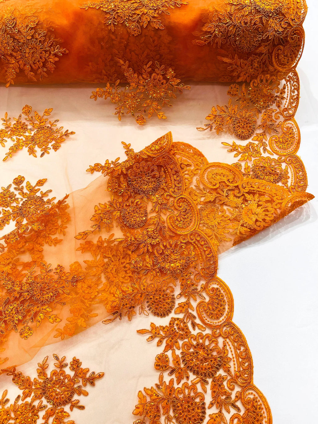 Corded Lace with Embroidery and Sequin on Mesh Fabric By The Yard. Orange