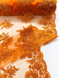 Corded Lace with Embroidery and Sequin on Mesh Fabric By The Yard. Orange