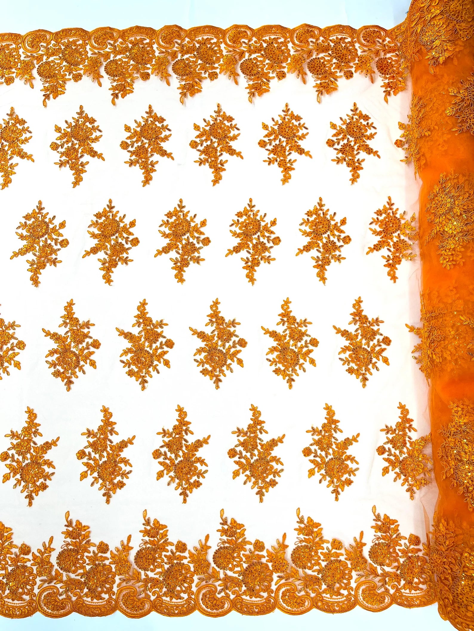 Corded Lace with Embroidery and Sequin on Mesh Fabric By The Yard. Orange