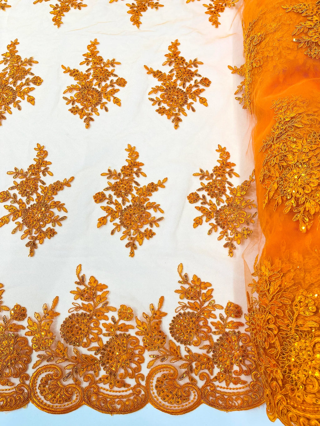 Corded Lace with Embroidery and Sequin on Mesh Fabric By The Yard. Orange