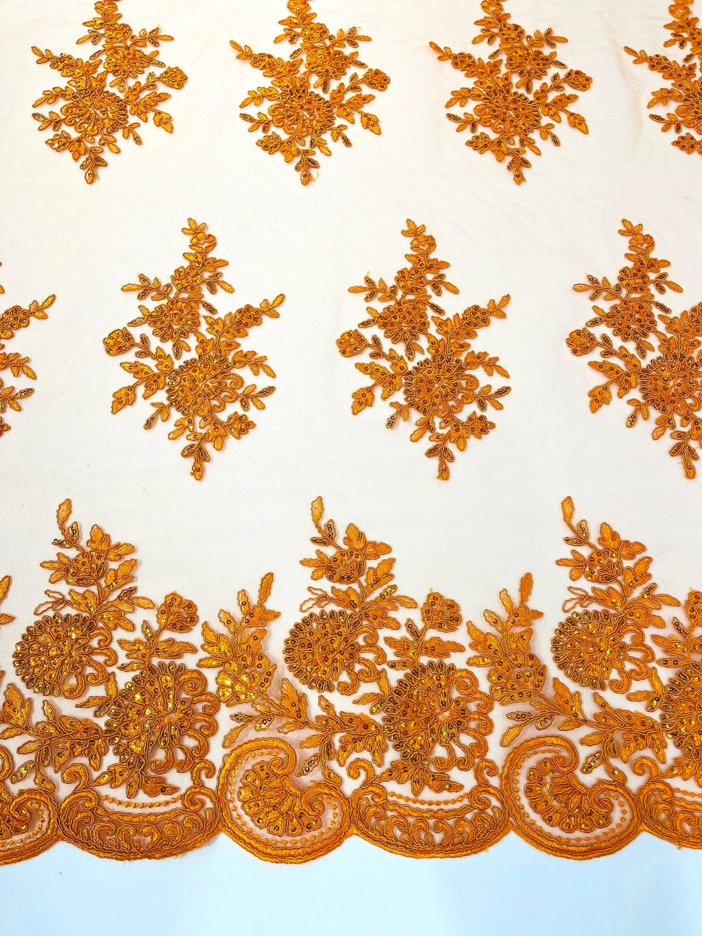 Corded Lace with Embroidery and Sequin on Mesh Fabric By The Yard. Orange
