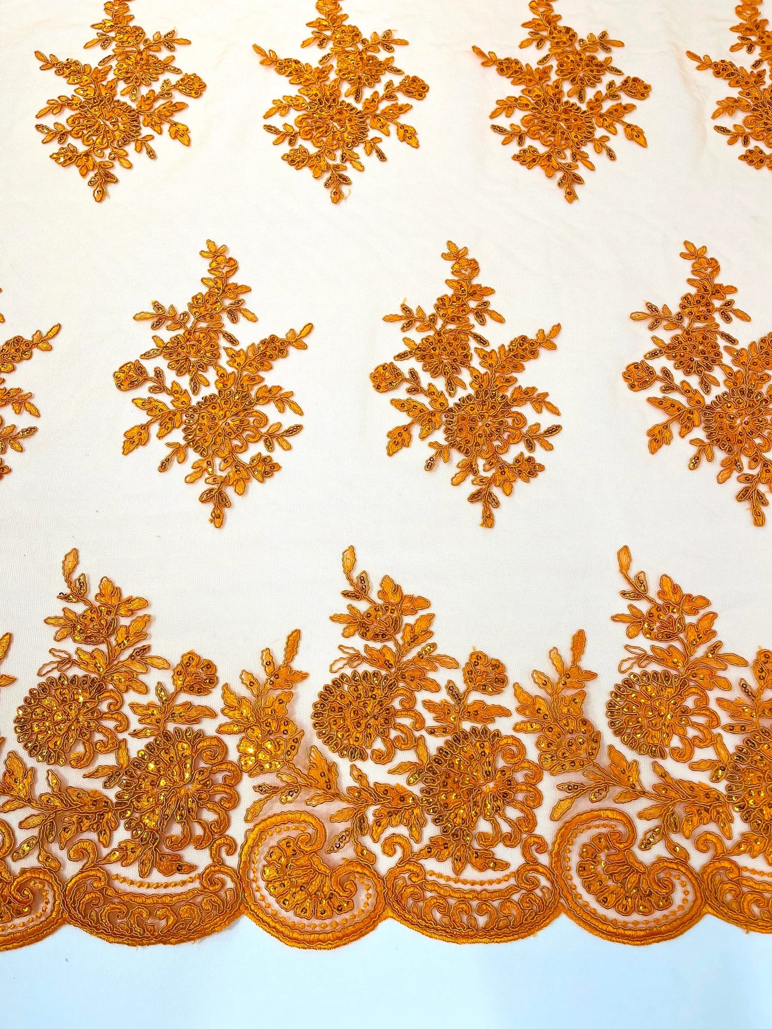 Corded Lace with Embroidery and Sequin on Mesh Fabric By The Yard. Orange