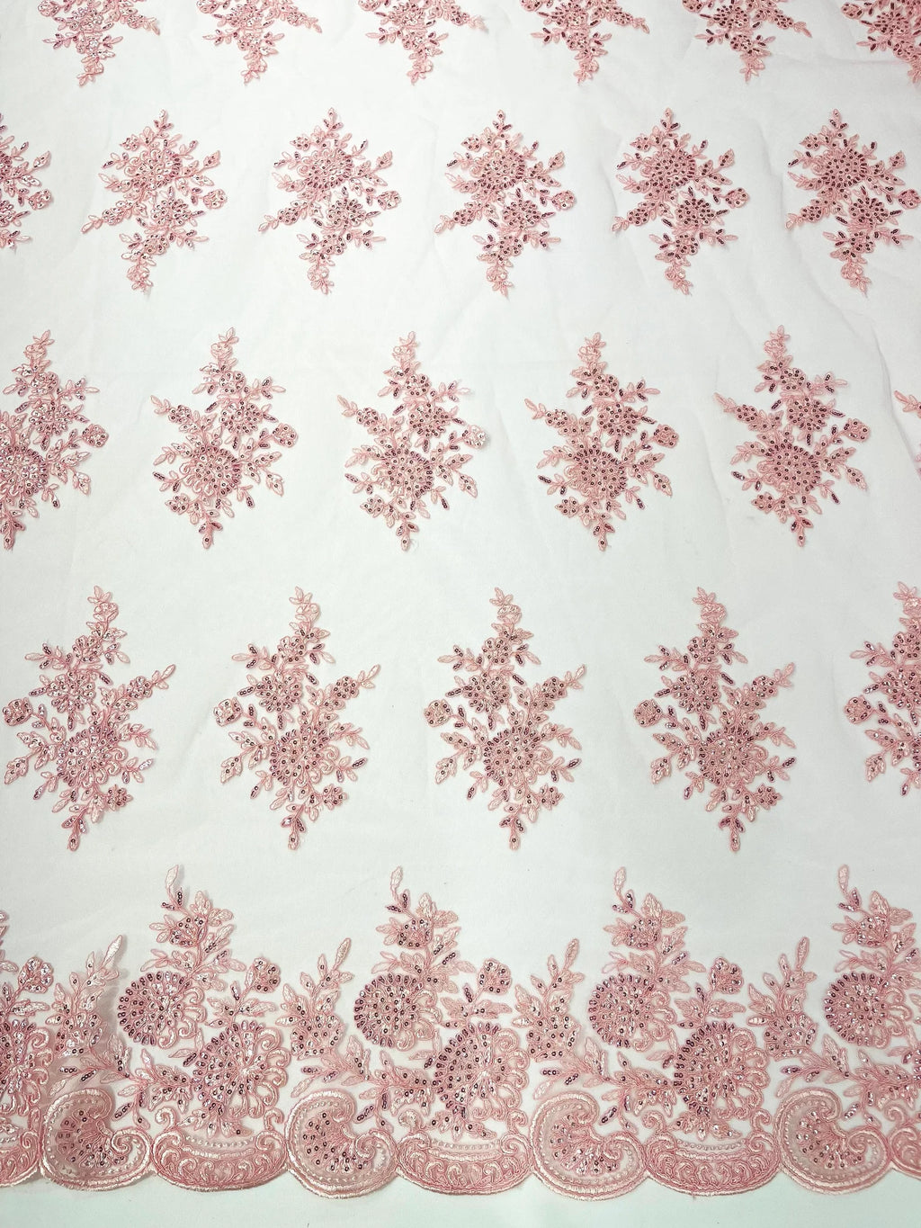 Corded Lace with Embroidery and Sequin on Mesh Fabric By The Yard. Pink