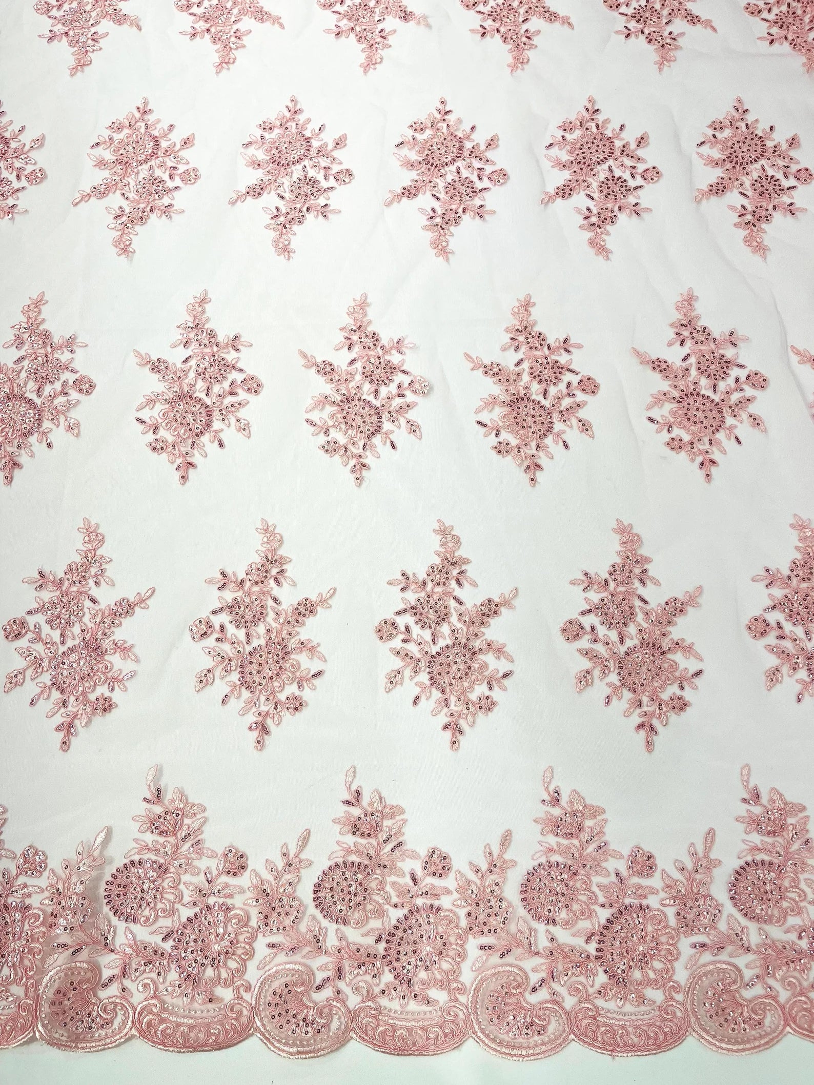Corded Lace with Embroidery and Sequin on Mesh Fabric By The Yard. Pink