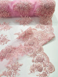 Corded Lace with Embroidery and Sequin on Mesh Fabric By The Yard. Pink