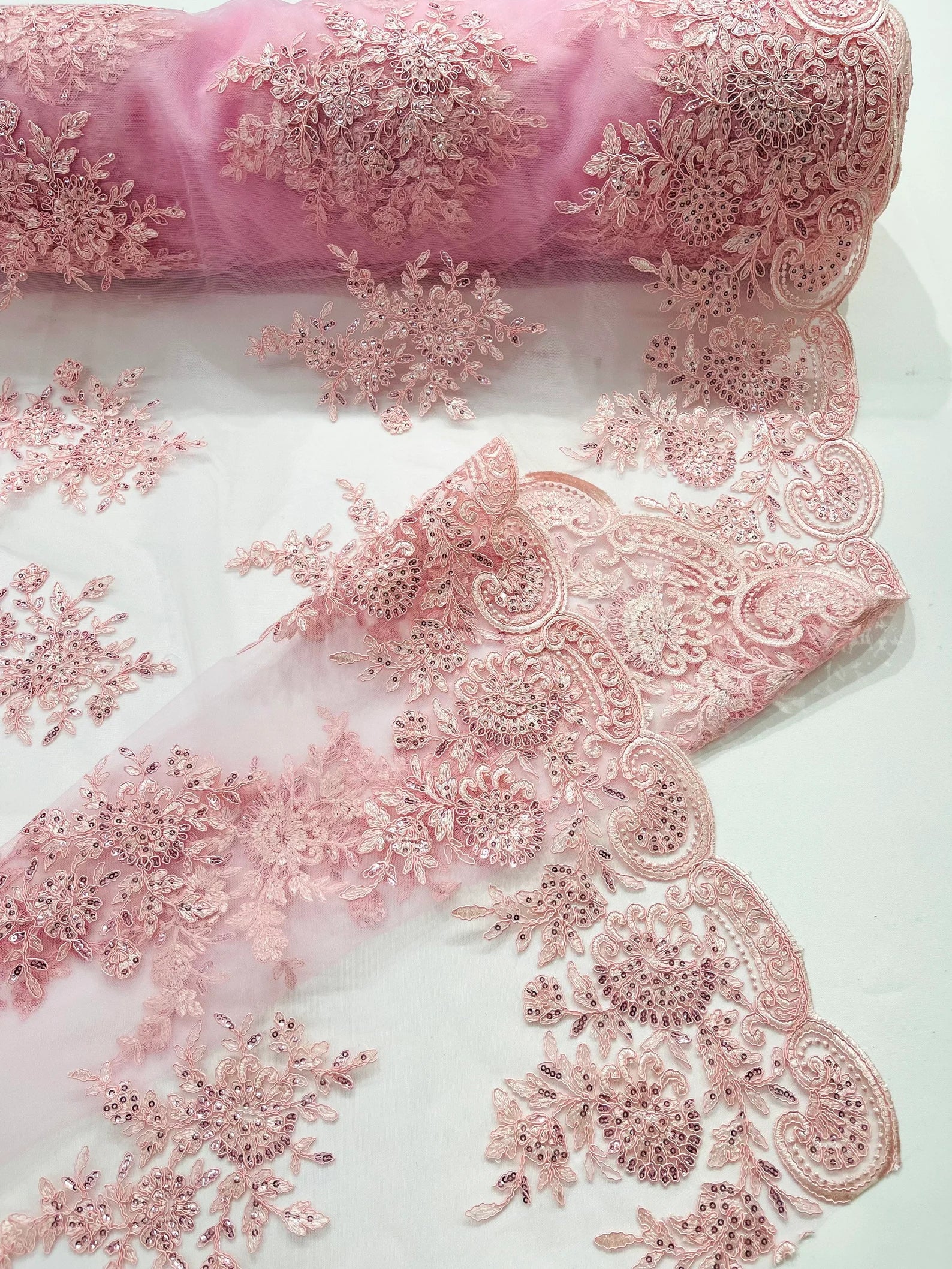 Corded Lace with Embroidery and Sequin on Mesh Fabric By The Yard. Pink