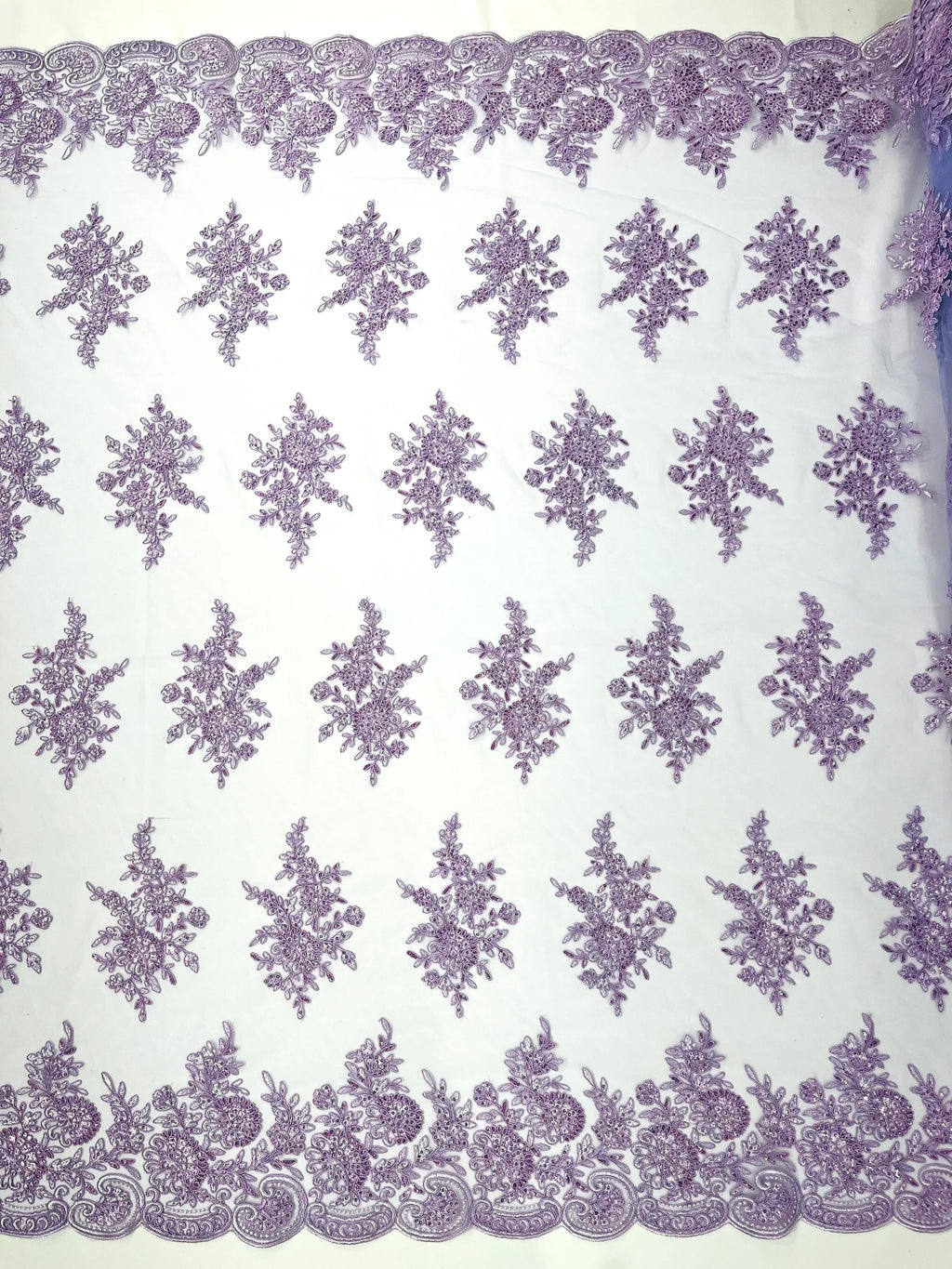 Corded Lace with Embroidery and Sequin on Mesh Fabric By The Yard. Lilac