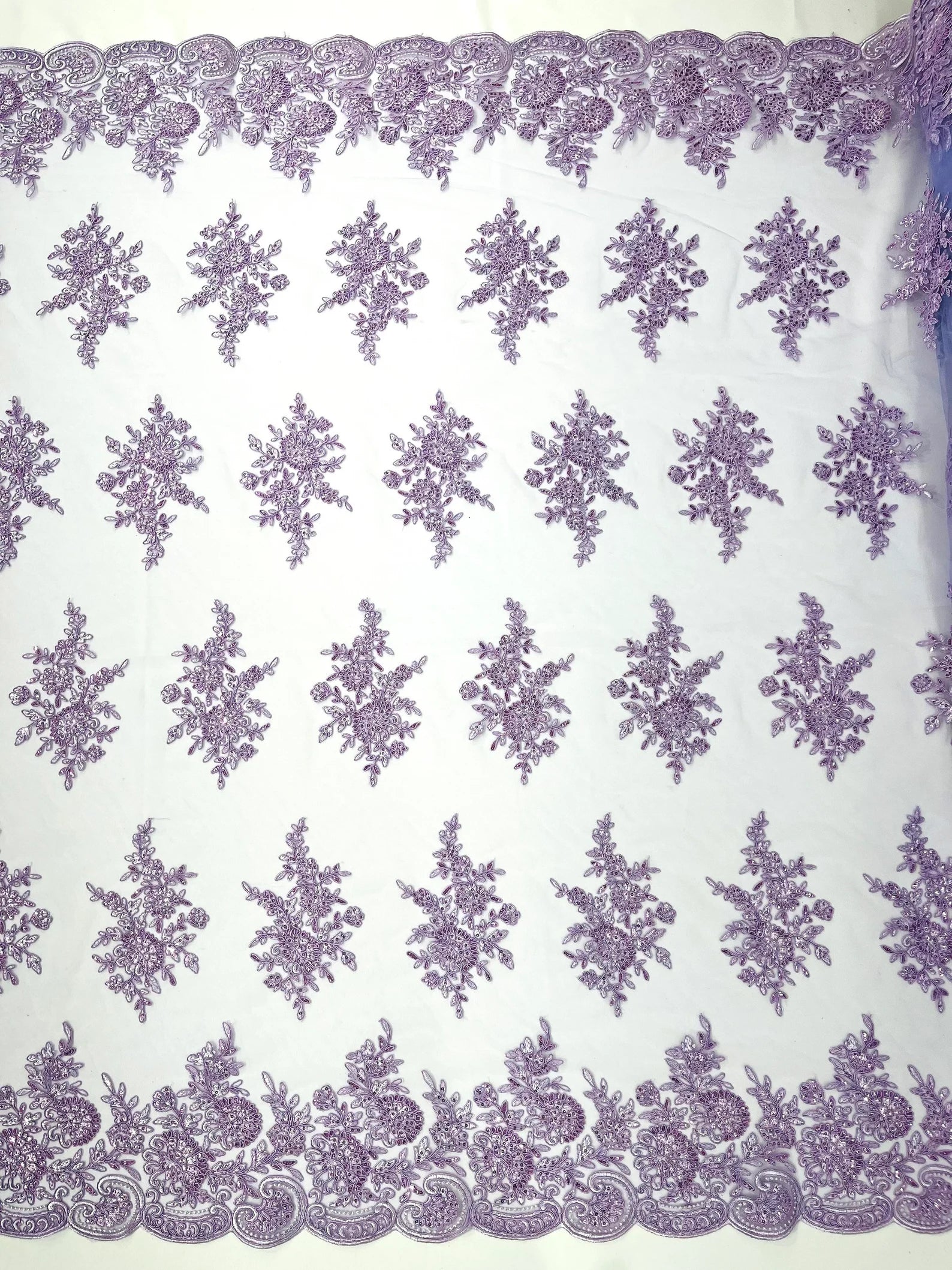 Corded Lace with Embroidery and Sequin on Mesh Fabric By The Yard. Lilac