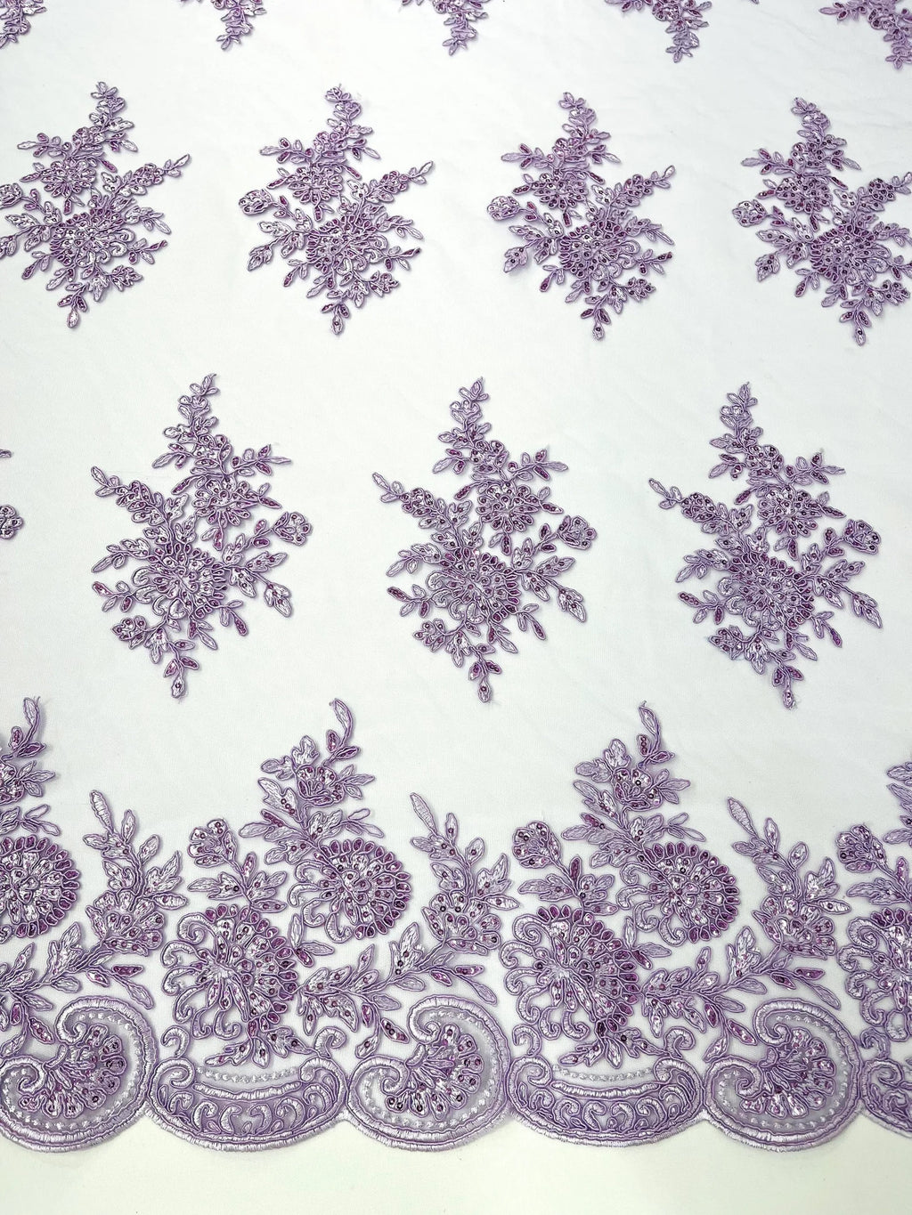 Corded Lace with Embroidery and Sequin on Mesh Fabric By The Yard. Lilac