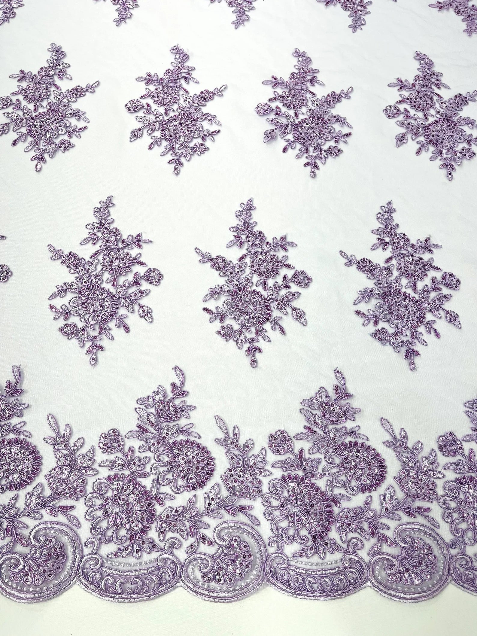 Corded Lace with Embroidery and Sequin on Mesh Fabric By The Yard. Lilac