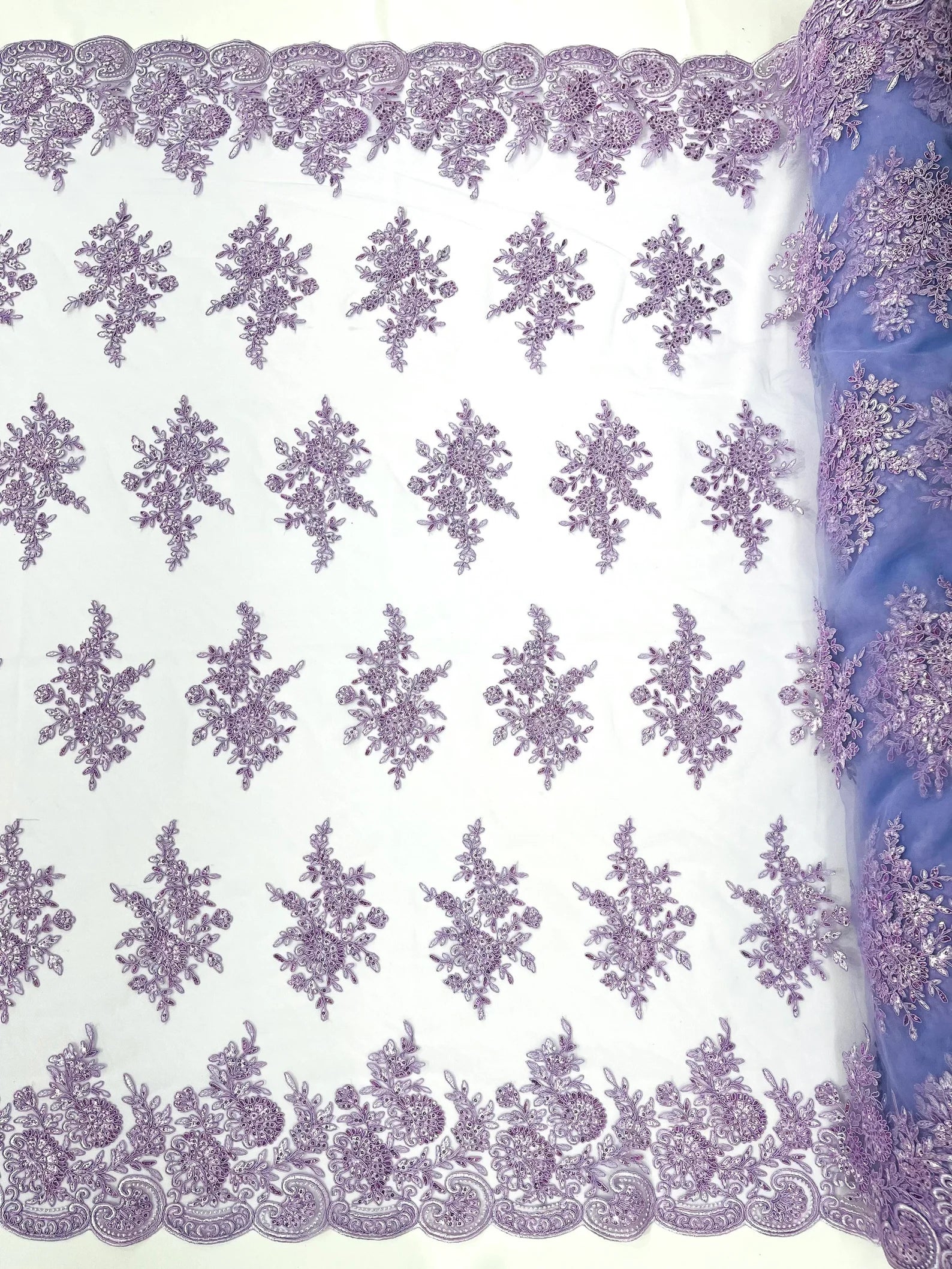 Corded Lace with Embroidery and Sequin on Mesh Fabric By The Yard. Lilac