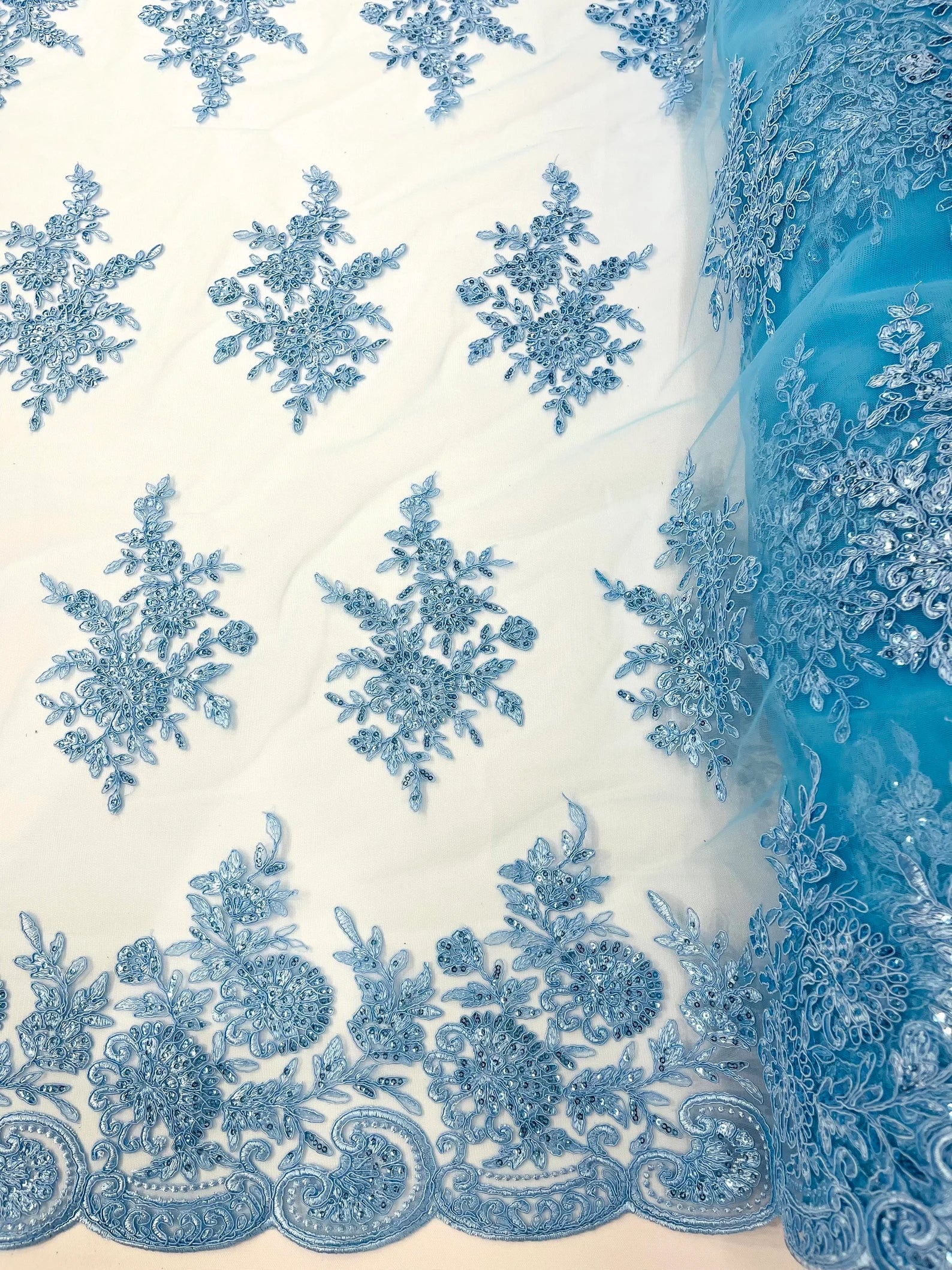 Corded Lace with Embroidery and Sequin on Mesh Fabric By The Yard. Lt Blue
