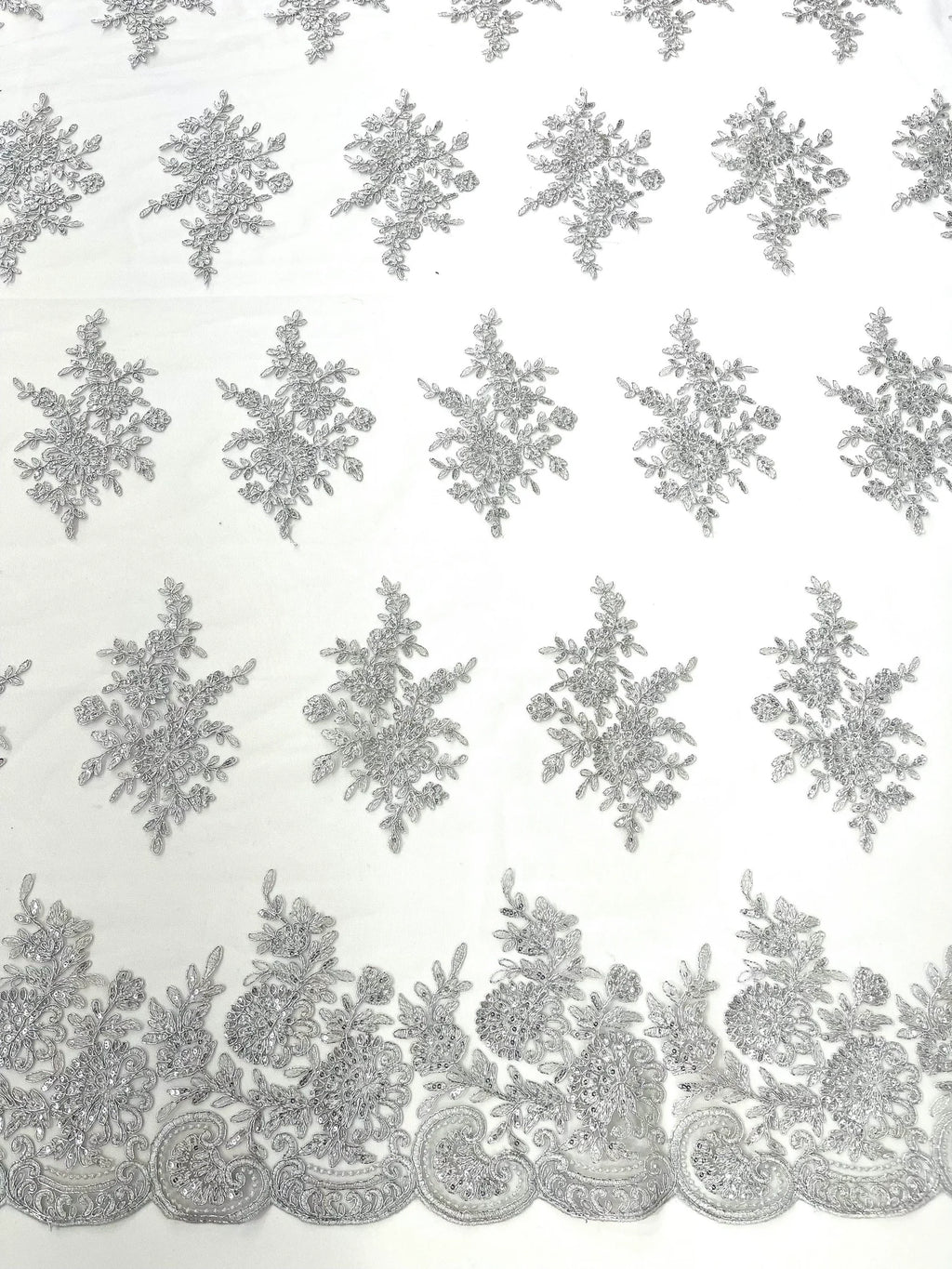 Corded Lace with Embroidery and Sequin on Mesh Fabric By The Yard. Silver
