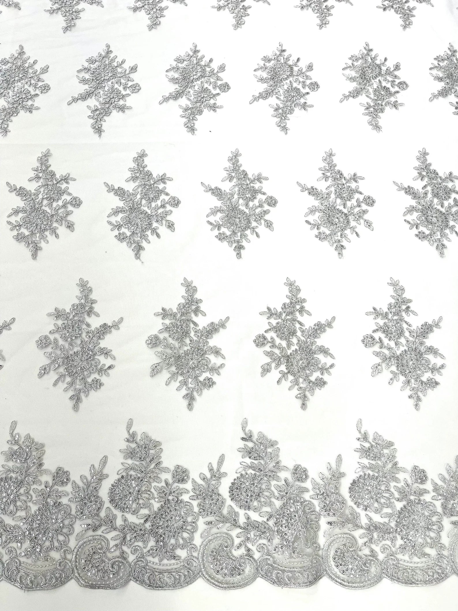 Corded Lace with Embroidery and Sequin on Mesh Fabric By The Yard. Silver
