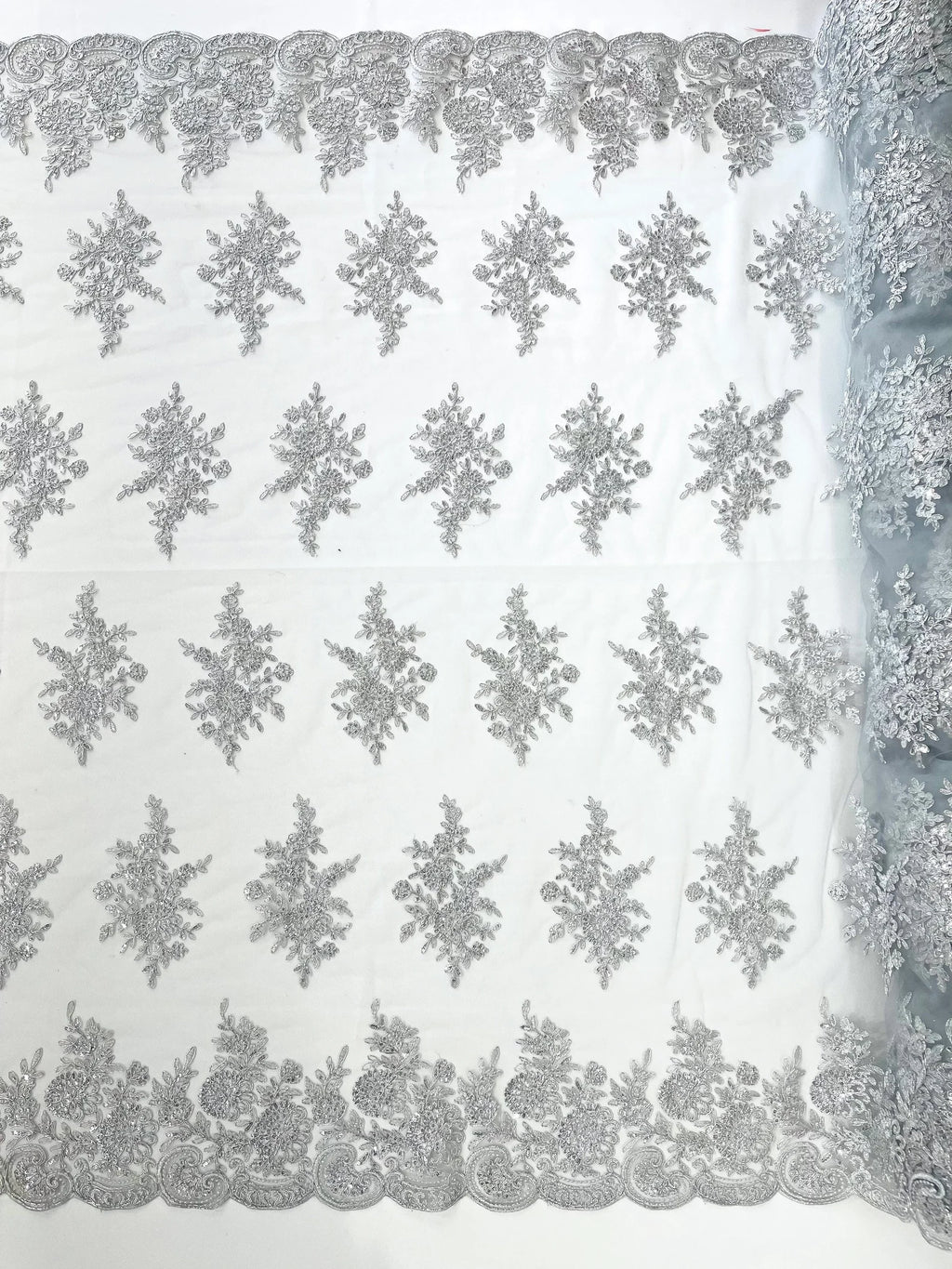 Corded Lace with Embroidery and Sequin on Mesh Fabric By The Yard. Silver