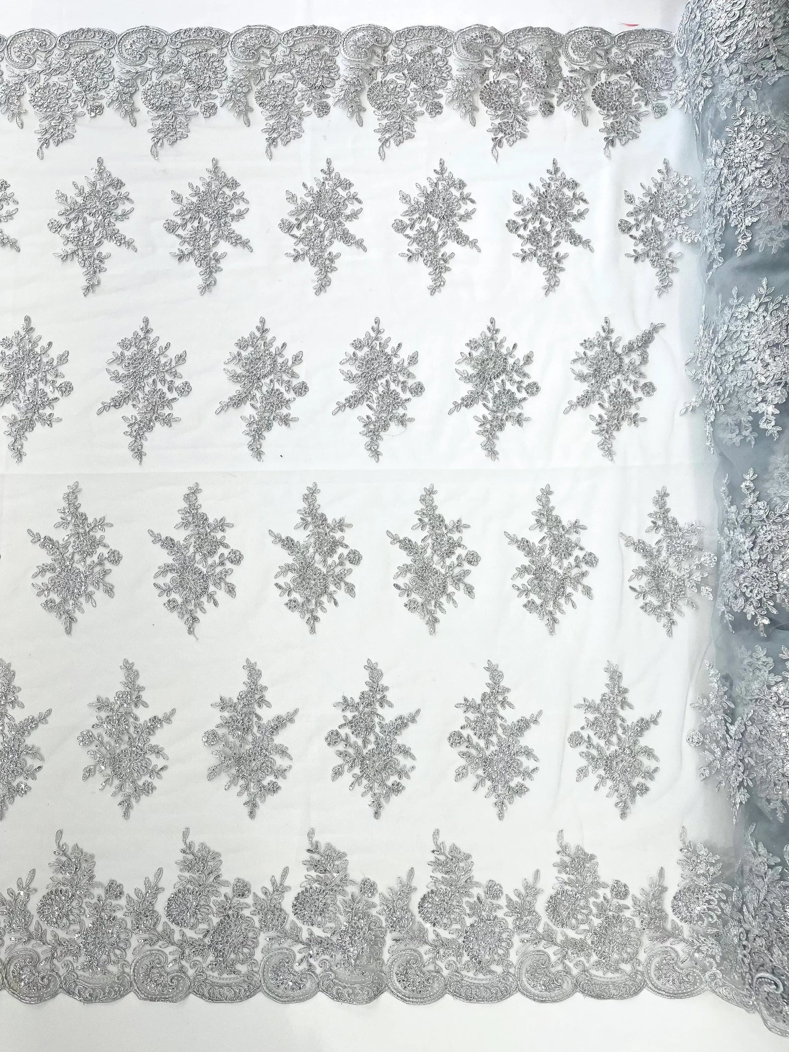 Corded Lace with Embroidery and Sequin on Mesh Fabric By The Yard. Silver