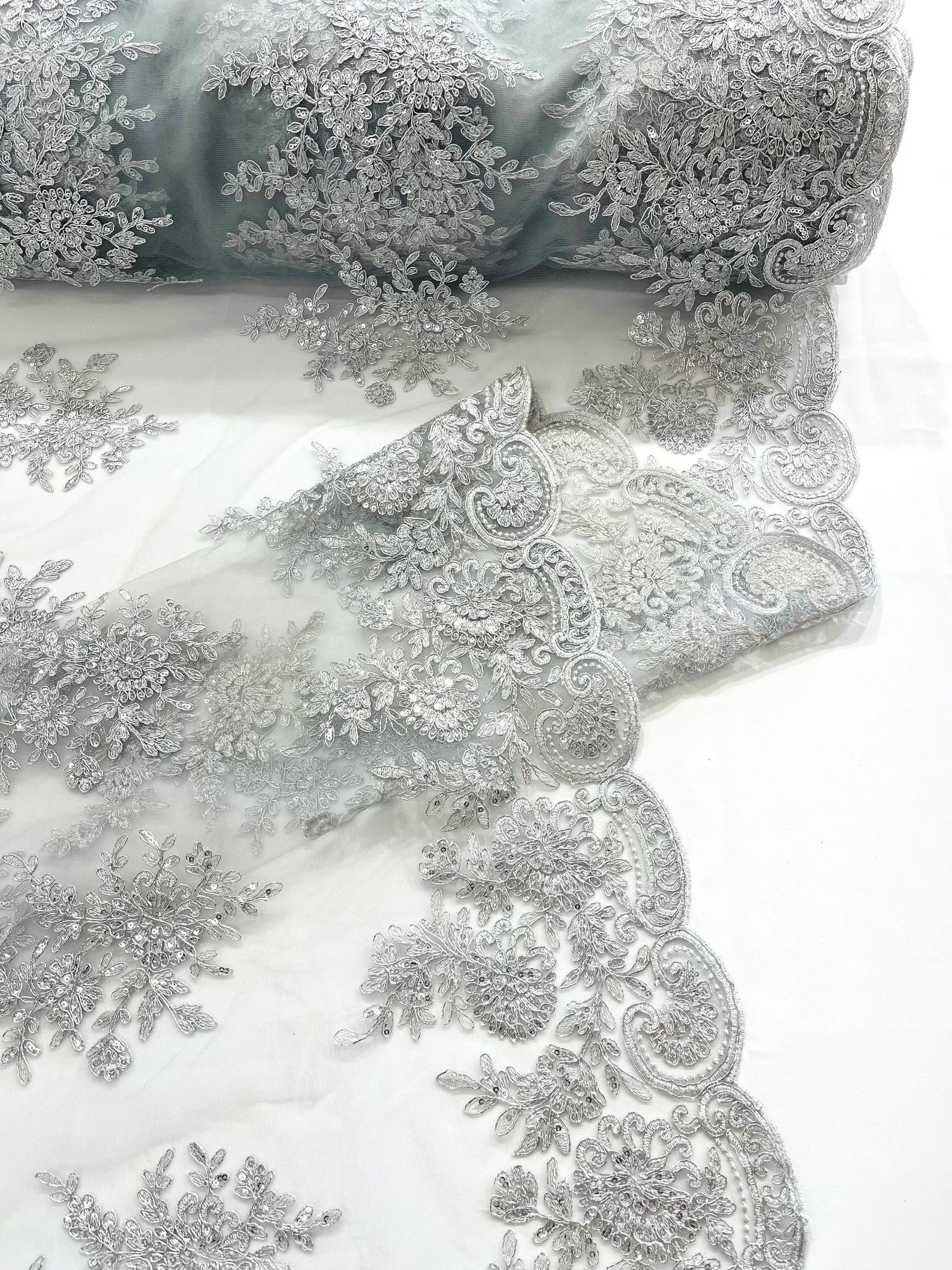 Corded Lace with Embroidery and Sequin on Mesh Fabric By The Yard. Silver