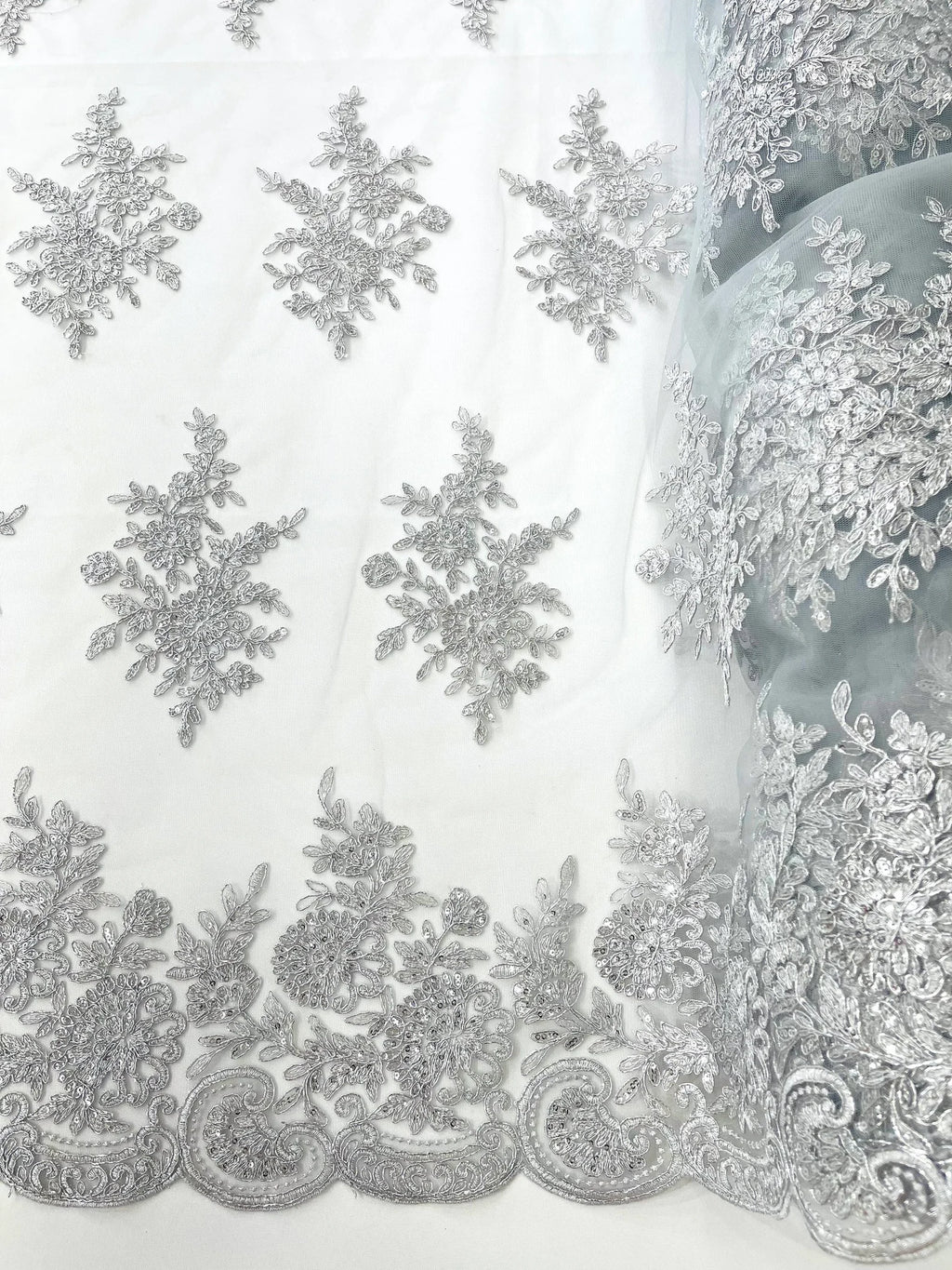 Corded Lace with Embroidery and Sequin on Mesh Fabric By The Yard. Silver
