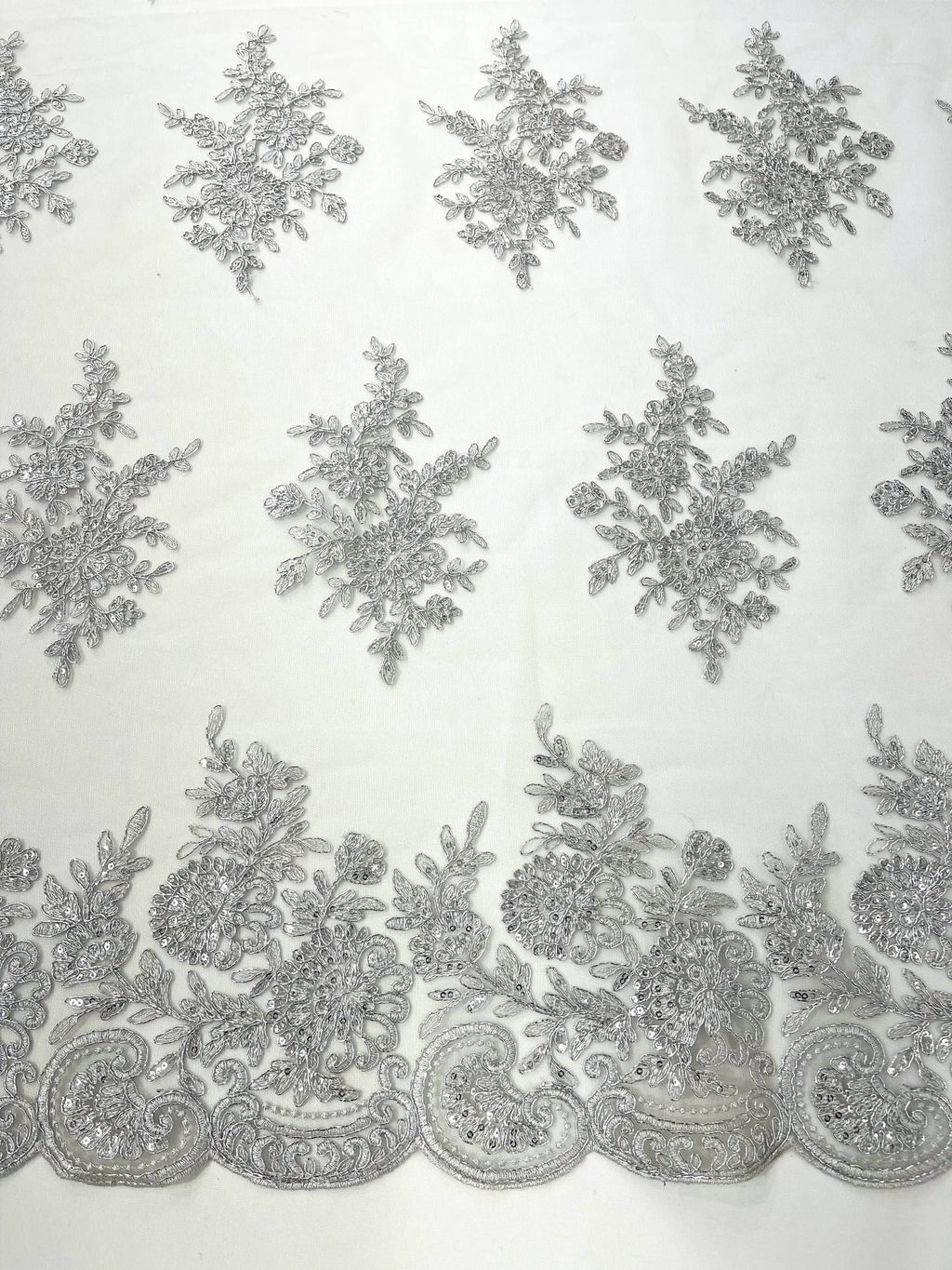 Corded Lace with Embroidery and Sequin on Mesh Fabric By The Yard. Silver