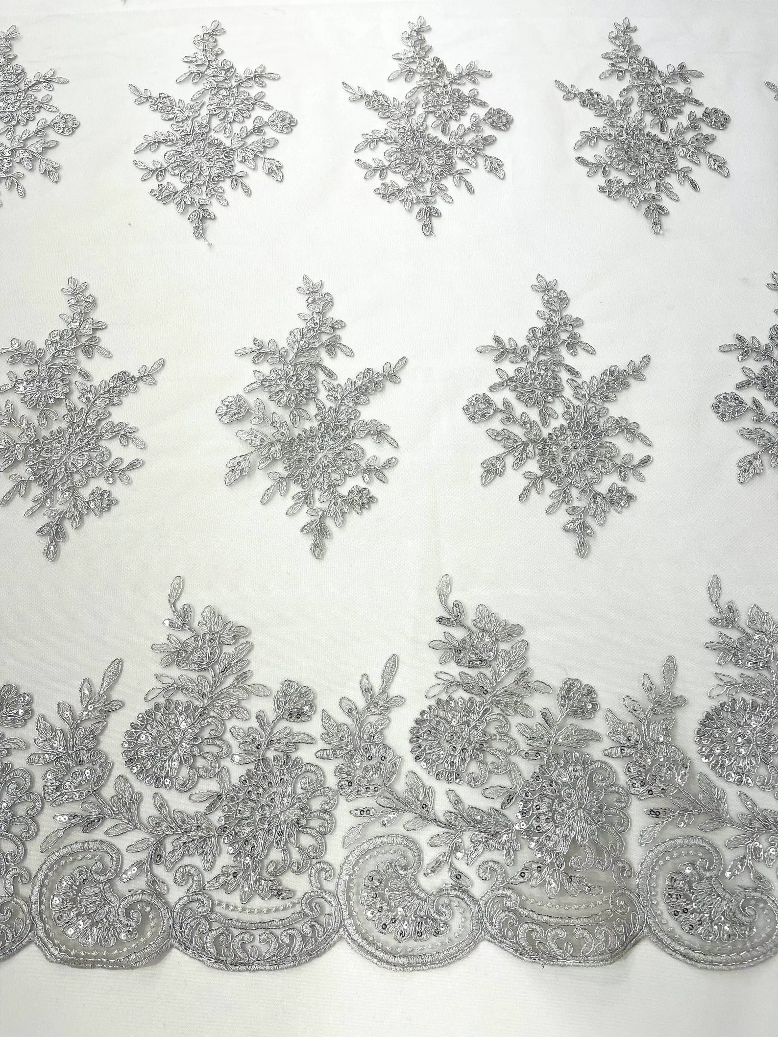 Corded Lace with Embroidery and Sequin on Mesh Fabric By The Yard. Silver