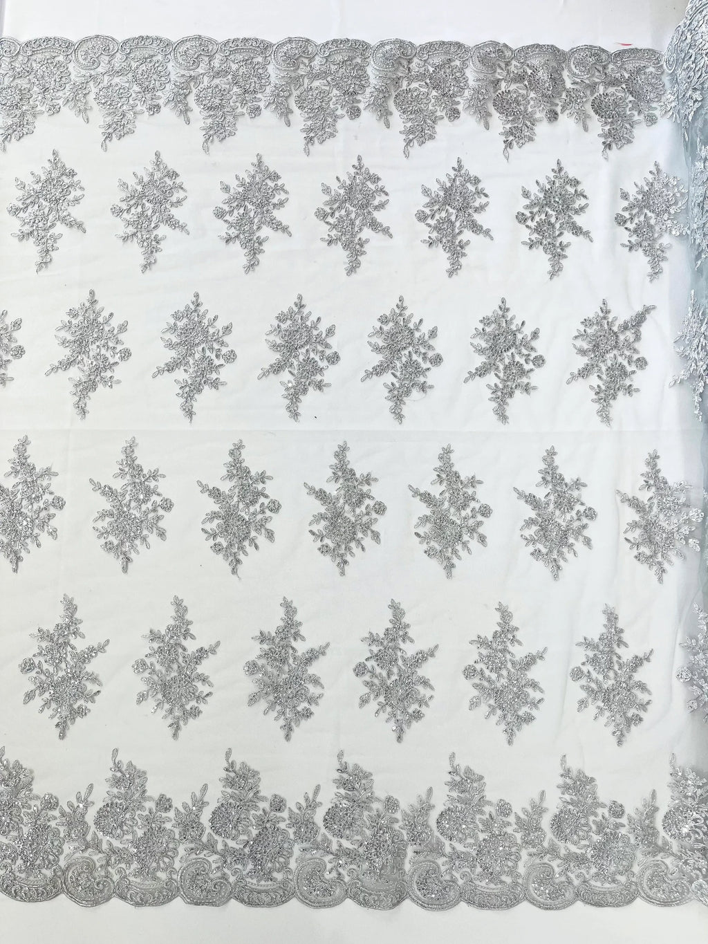 Corded Lace with Embroidery and Sequin on Mesh Fabric By The Yard. Silver
