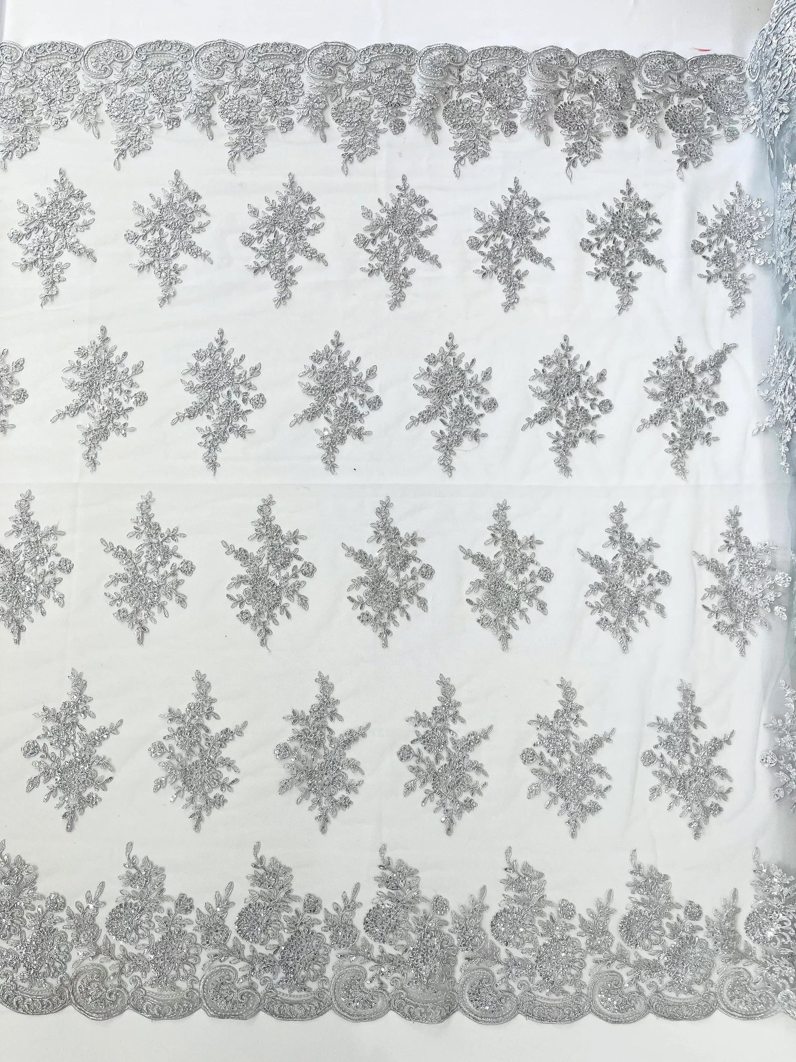 Corded Lace with Embroidery and Sequin on Mesh Fabric By The Yard. Silver