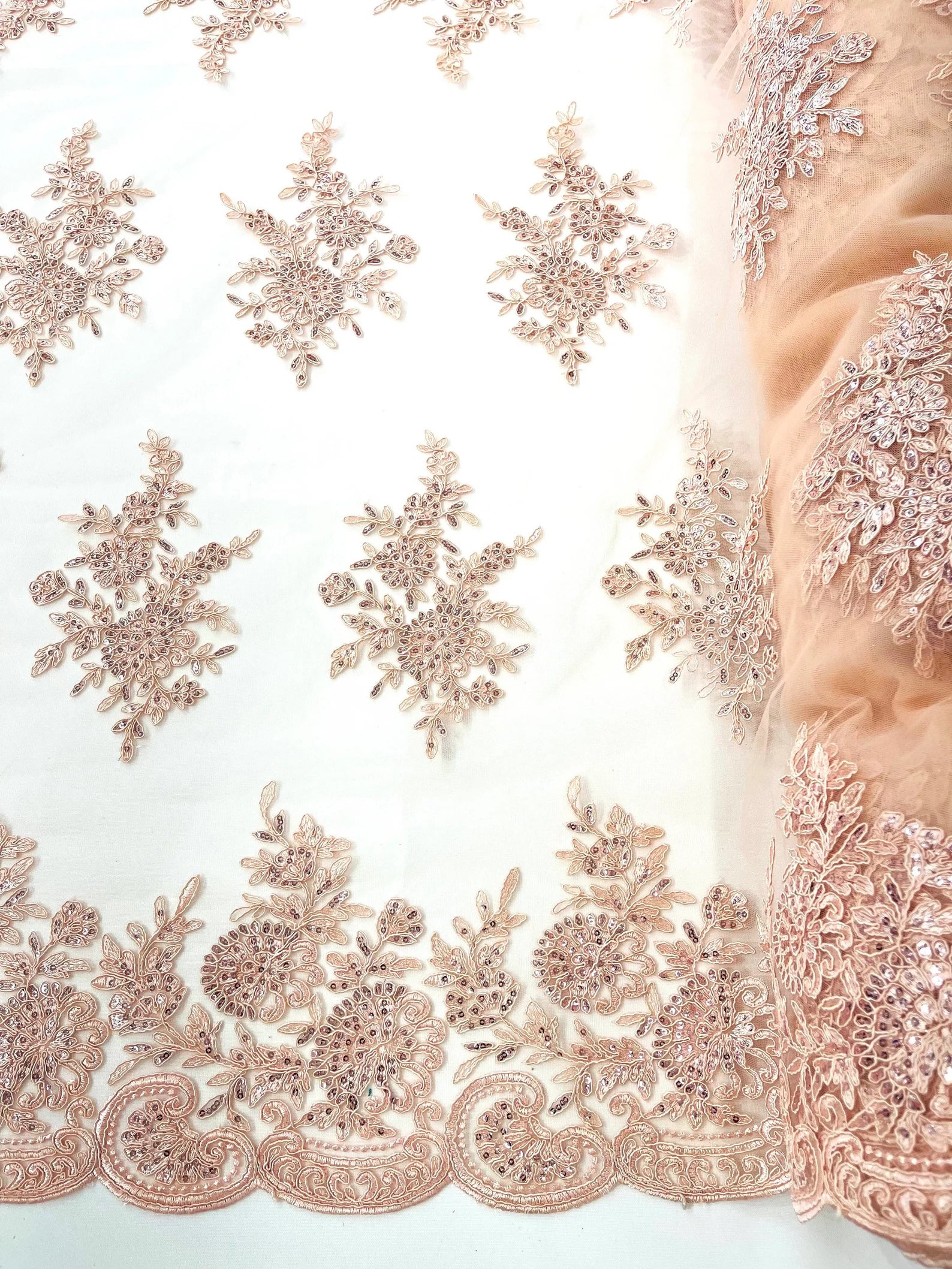 Corded Lace with Embroidery and Sequin on Mesh Fabric By The Yard. Blush Pink
