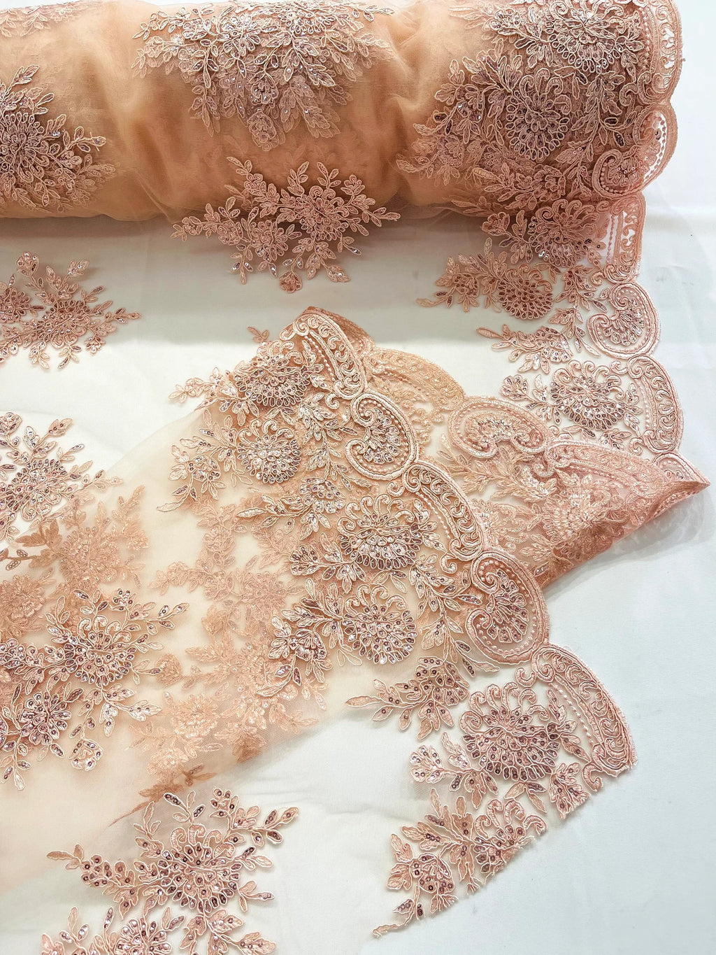 Corded Lace with Embroidery and Sequin on Mesh Fabric By The Yard. Blush Pink