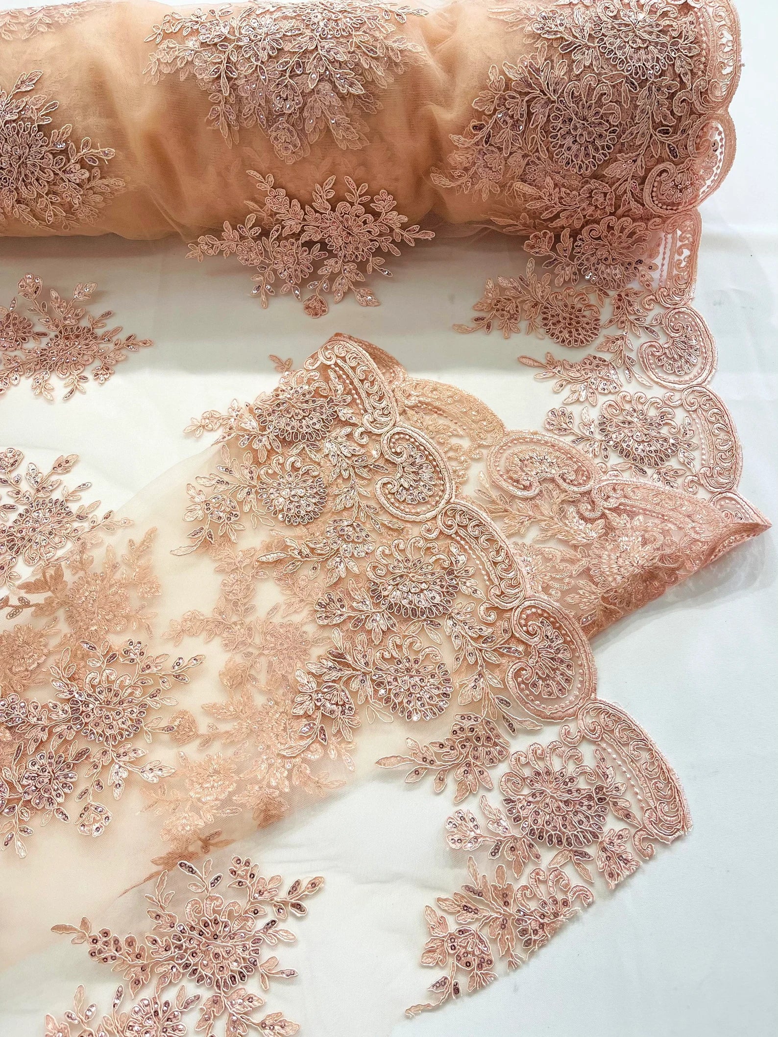 Corded Lace with Embroidery and Sequin on Mesh Fabric By The Yard. Blush Pink
