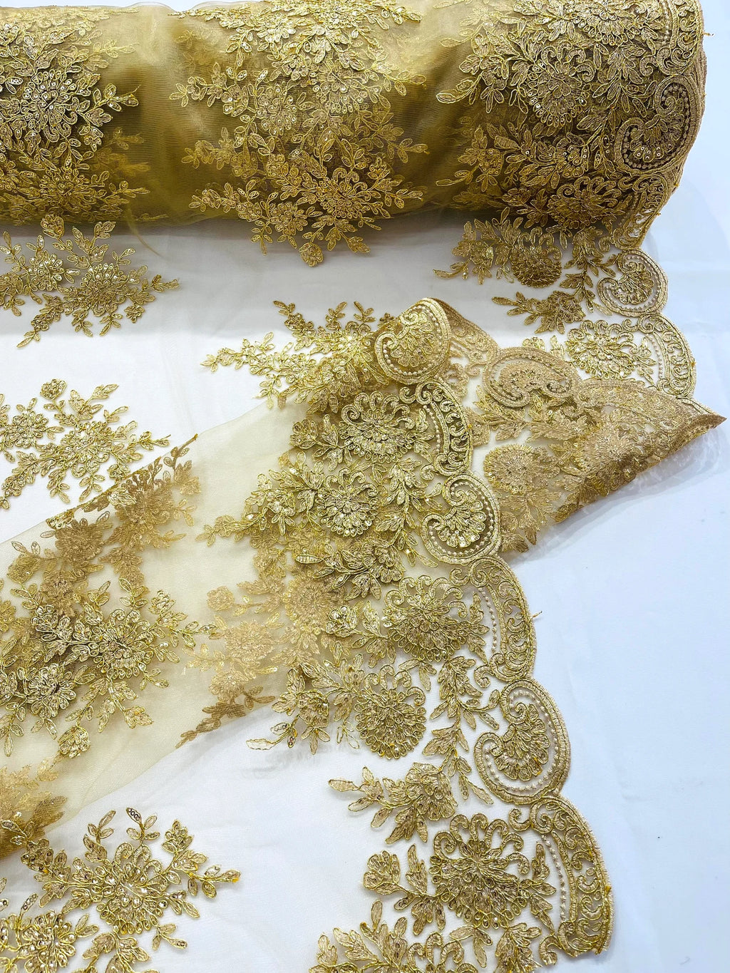 Corded Lace with Embroidery and Sequin on Mesh Fabric By The Yard. Gold