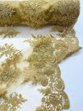 Corded Lace with Embroidery and Sequin on Mesh Fabric By The Yard. Gold