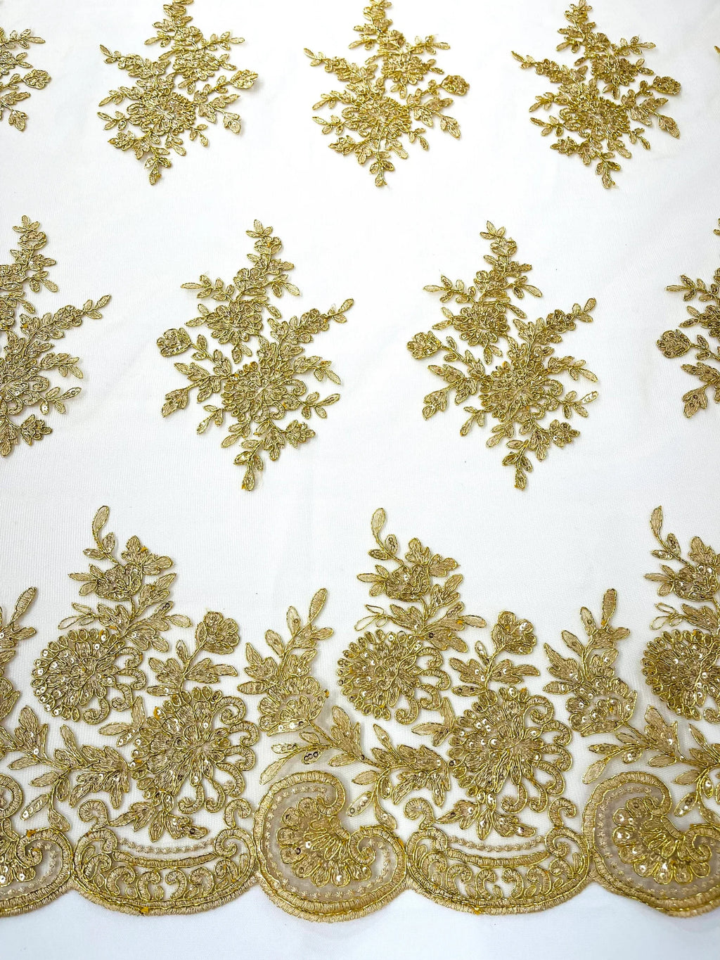 Corded Lace with Embroidery and Sequin on Mesh Fabric By The Yard. Gold
