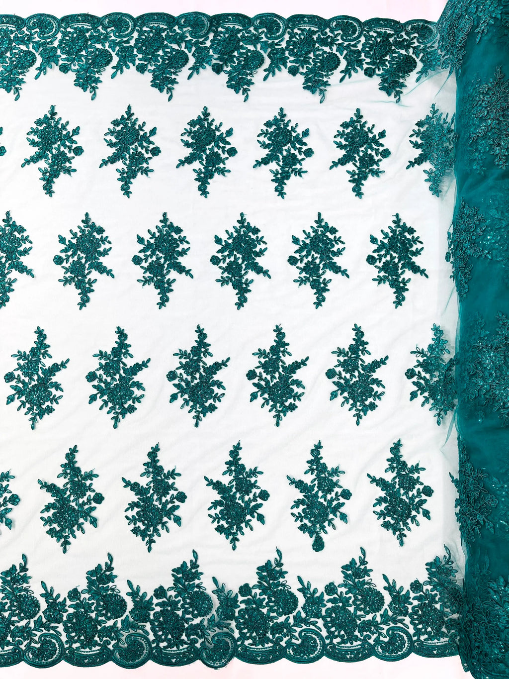 Corded Lace with Embroidery and Sequin on Mesh Fabric By The Yard. Hunter Green
