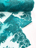 Corded Lace with Embroidery and Sequin on Mesh Fabric By The Yard. Hunter Green