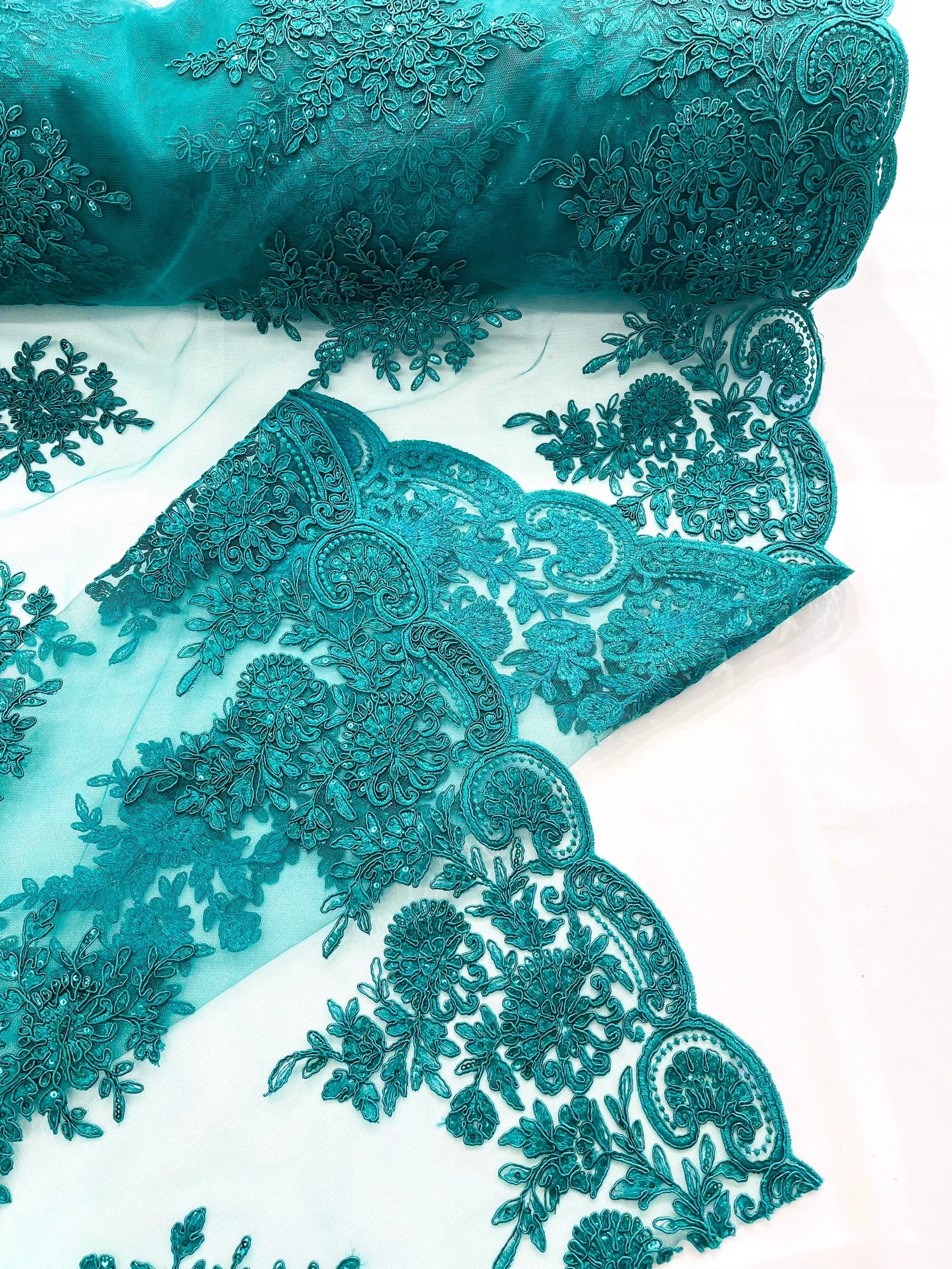 Corded Lace with Embroidery and Sequin on Mesh Fabric By The Yard. Hunter Green
